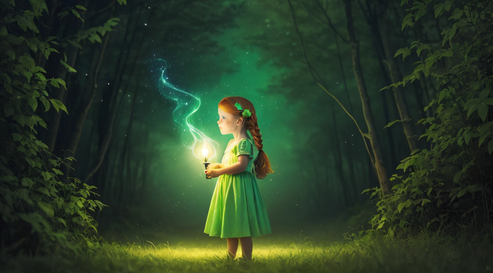 meNINAS KIDS REDHEADS BRAIDS holding a lamp in hand, verde brilhante, brilho verde, green lighting, brilho verde, photo manipulation, Magia Verde, he is casting a lighting spell, luz verde, energia verde, neon verde, Aura verde, little girl with magical powers, amazing color photograph, Luz ambiente verde, brilho radioativo verde, photo - manipulation, amazing photo