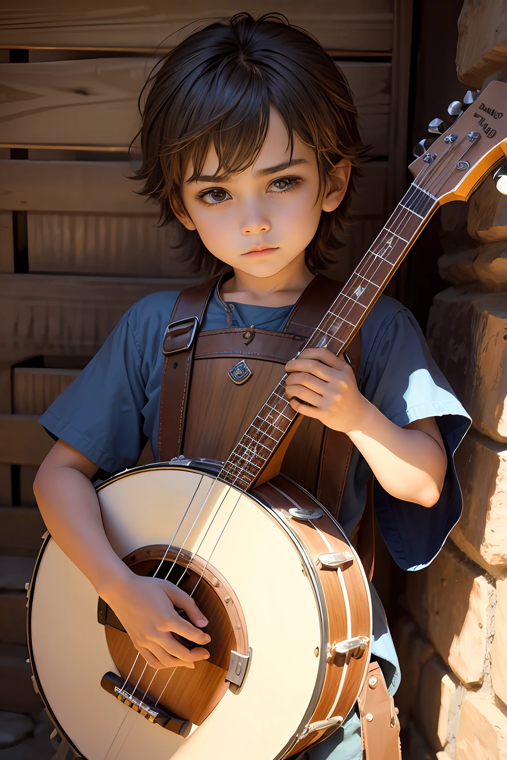 Humano, , bardo, musico, medieval, tocando banjo, cabelos brancos curtos,homem , sentado,menino