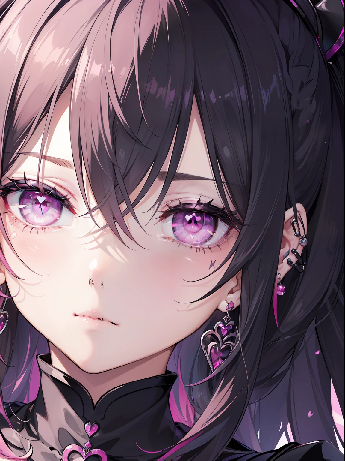 (Masterpiece, Best quality, ultrahigh resolution, splendid),1girl,Gothic fashion,(multichorus hair, pink and black hair), piercings, Looking at viewer, bright colors, heart shaped pupils, Beautiful detailed face, detailed eyes,(((extreme close up)))