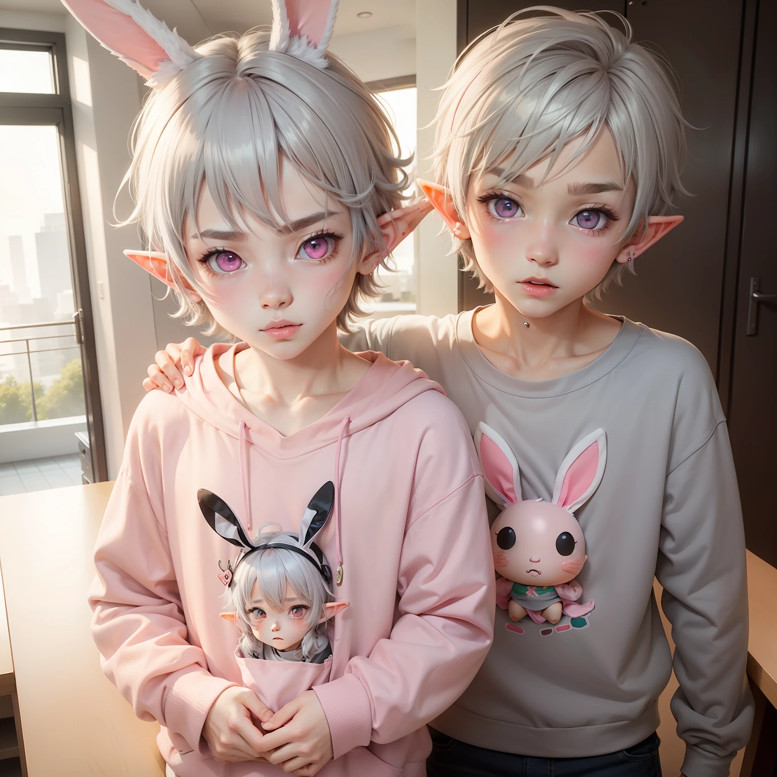 Cute sticker boy+ anime boy + elf + gray hair + bunny ear + pink eyes + pink sweatshirt