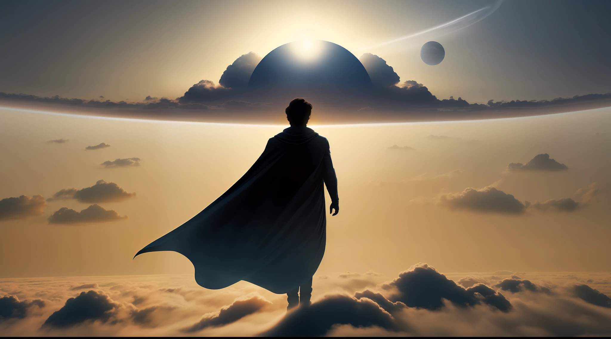 Solo, Silhouette of 1 man with a long cape flying over the planet standing, Panoramic view from behind with open arms, universo