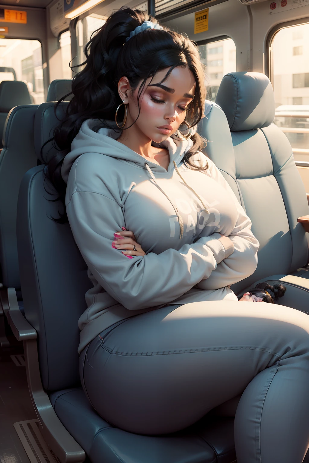 1 beautiful woman, curvy, large body, black hair, made-up face, ponytail, wavy tail, light blue jean pants, earrings, GRAY SWEATSHIRT WITH HOOD, big nails, made-up eyelids, sneakers, asleep lying on the bus, eyes closed, arms crossed, mouth open.