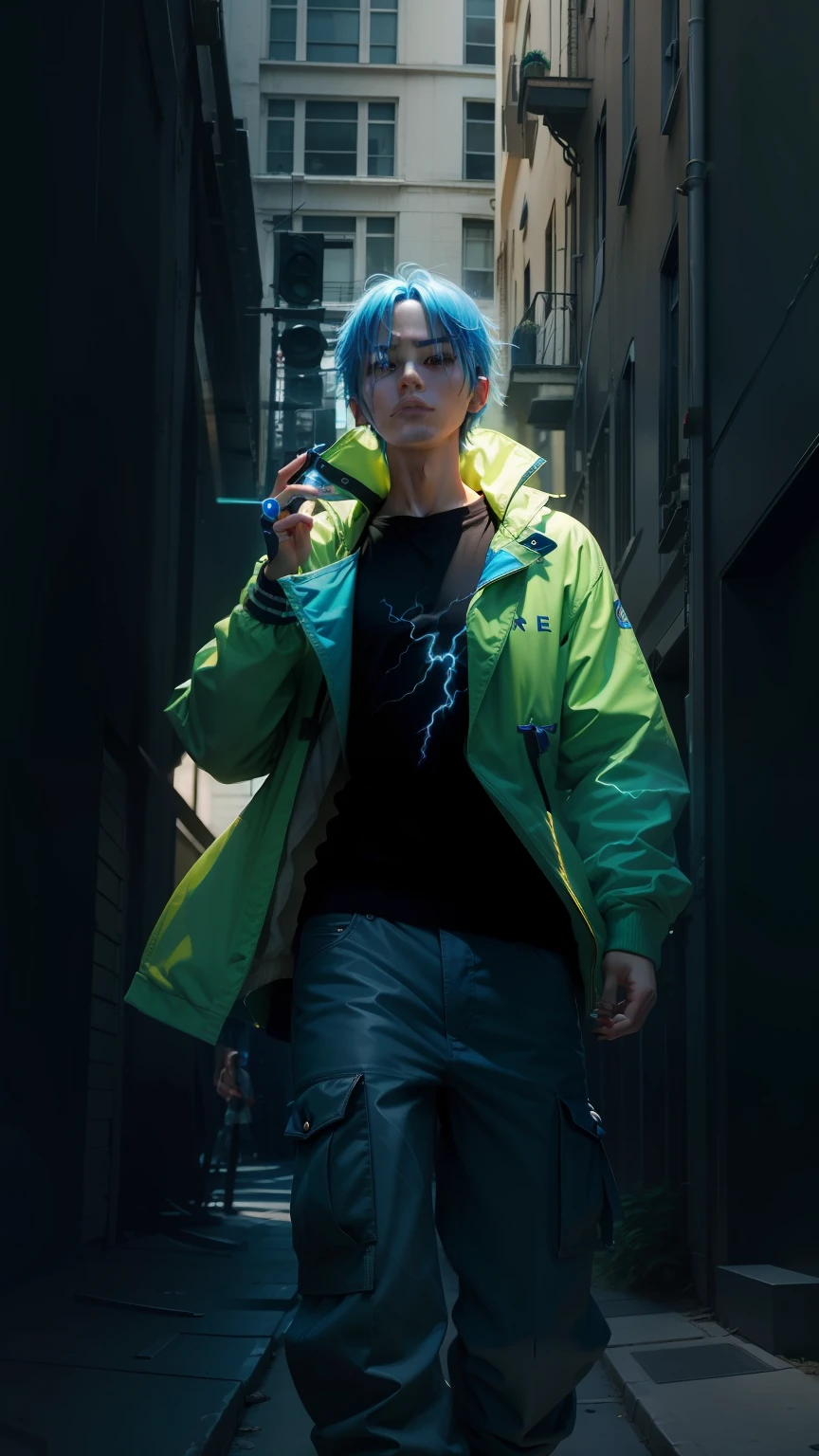masterpiece, best quality, super blue, blue hair  Blue Lightning Point one's finger at oneself ultra reality face