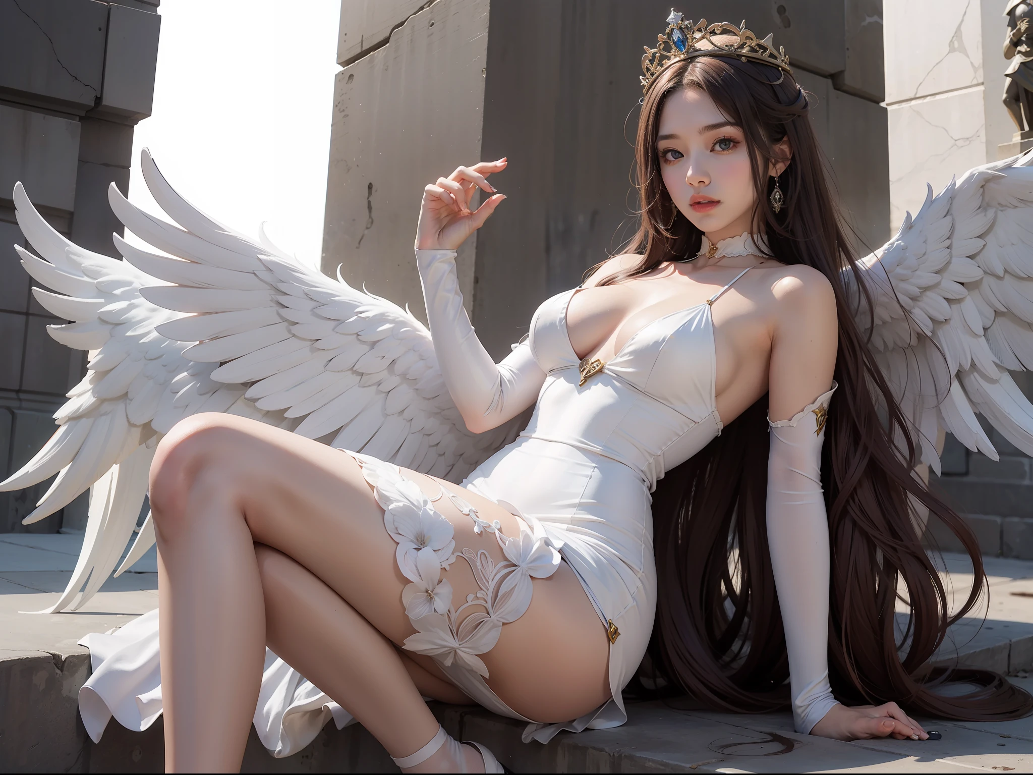 There is one wearing a white dress,Woman with a crown on her head, a statue by Shitao, Tumblr, Renaissance, anime barbie in white stockings, Anime girl cosplay, cosplay foto, Ayaka cosplay, cosplay, the anime girl is crouching, bottom angles, wide angel shot, elegant glamourous cosplay, fantasy photoshoot, super wide angel, beautiful cyborg angel girl