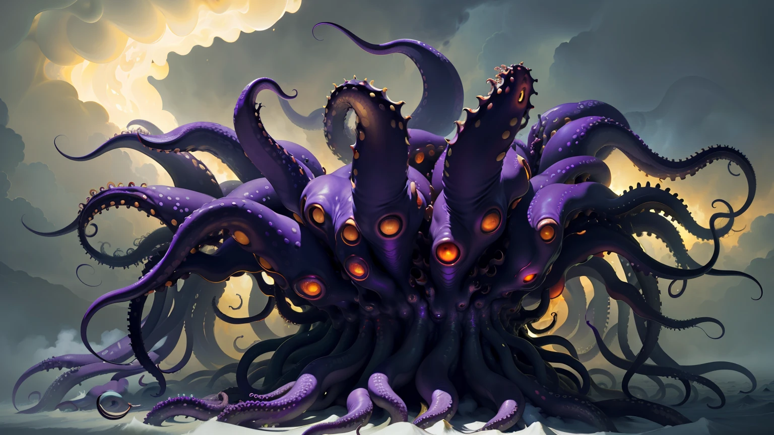 Dark realistic oil paint style gargantuan mass of writhing tentacles descending from the clouds trailing smoke. Dark Earth tone colors and bright purple flames. Chaos incarnate. Many random tentacles tendrils and eyes. Dozens of octopus tentacles wrapped around it's giant horrific body.