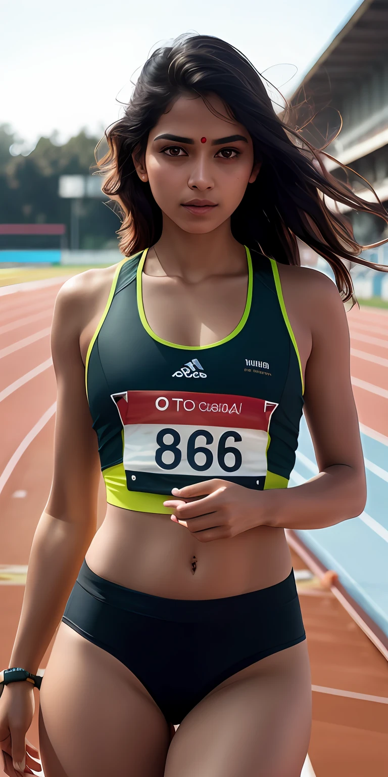 beautiful mature Indian college girl, in track outfit, outside on track field, ((slim, petite)), photorealistic, photo, masterpiece, realistic, realism, photorealism, high contrast, photorealistic digital art trending on Artstation 8k HD high definition detailed realistic, detailed, skin texture, hyper detailed, realistic skin texture, armature, best quality, ultra high res, (photorealistic:1.4),, high resolution, detailed, raw photo, sharp re, by lee jeffries nikon d850 film stock photograph 4 kodak portra 400 camera f1.6 lens rich colors hyper realistic lifelike texture dramatic lighting unrealengine trending on artstation cinestill 800,