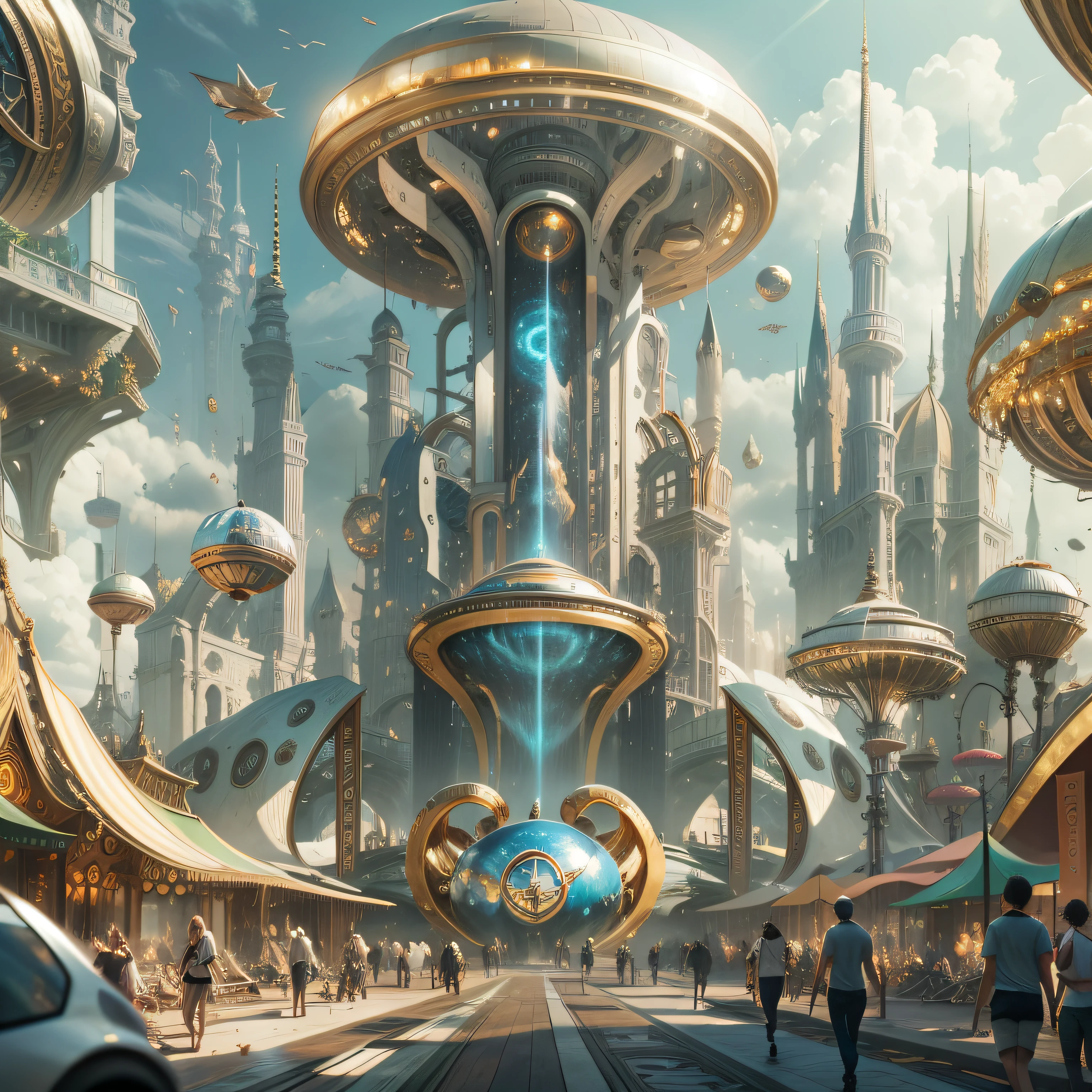 un paisaje urbano futurista conocido como Tomorrowland, with impressive dreamy design buildings where silver abounds , el oro y el bronce, y una cyborg paseando por sus calles