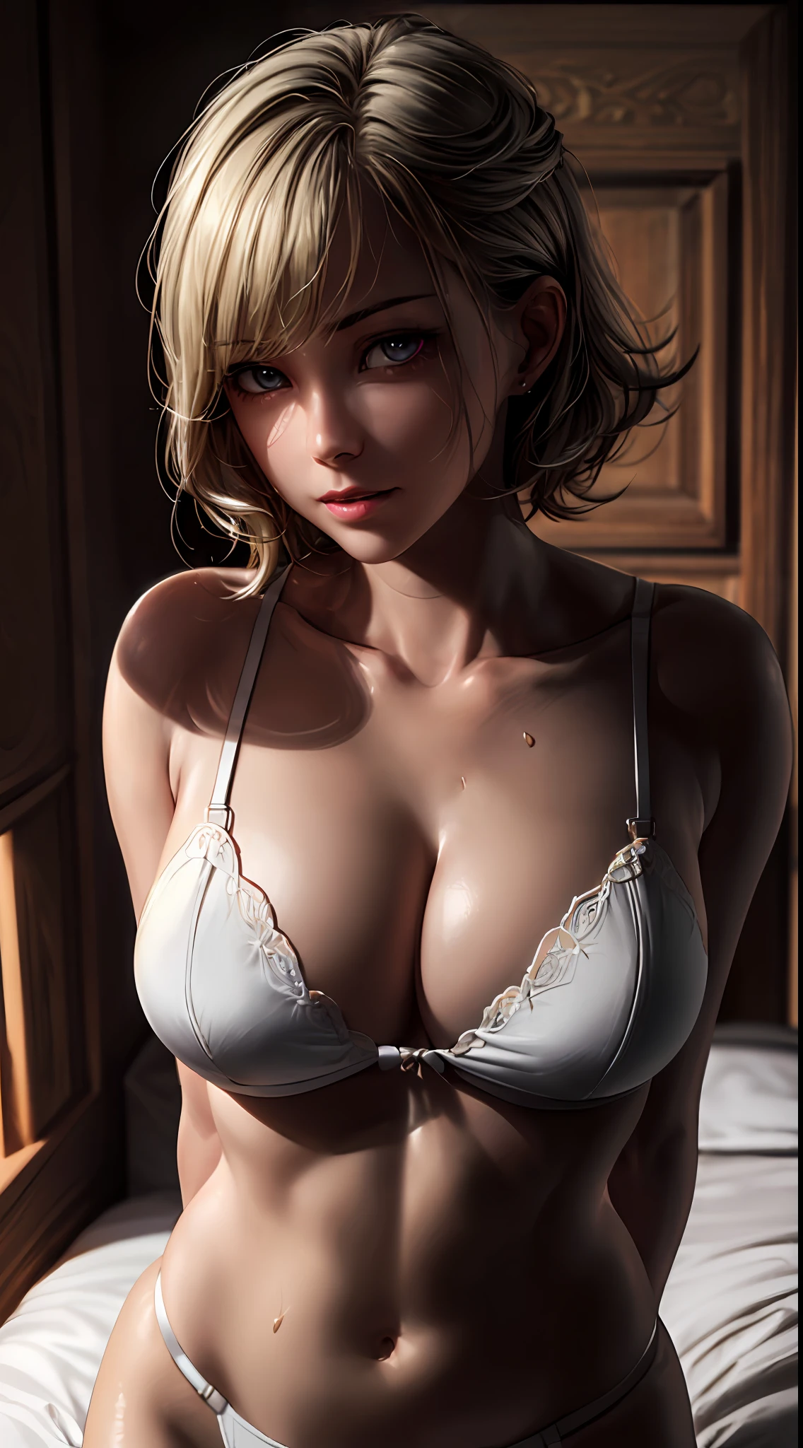 (NSFW:1.0), ((((masterpiece, best quality, high resolution)))), Extremely detailed 8K, (Ultra HD, Ultra-detailed, Highly detailed, Highly realistic, Ultra-realistic, photograph realistic), (1girl:1.5), (Realistic white hair), (dynamicposes), (beautiful detailed face, beautiful detailed eyes), (sunbeam, sunlight), from above, illustration, purple eyes, silver white hair, bob cut, wavy hair, looking at viewer, light smile, parted lips, (breast focus), (arms behind back:1.2), average breasts, (breasts out:1.2), midriff, collarbone, voluptuous body, bedroom, sweat, white lingerie
