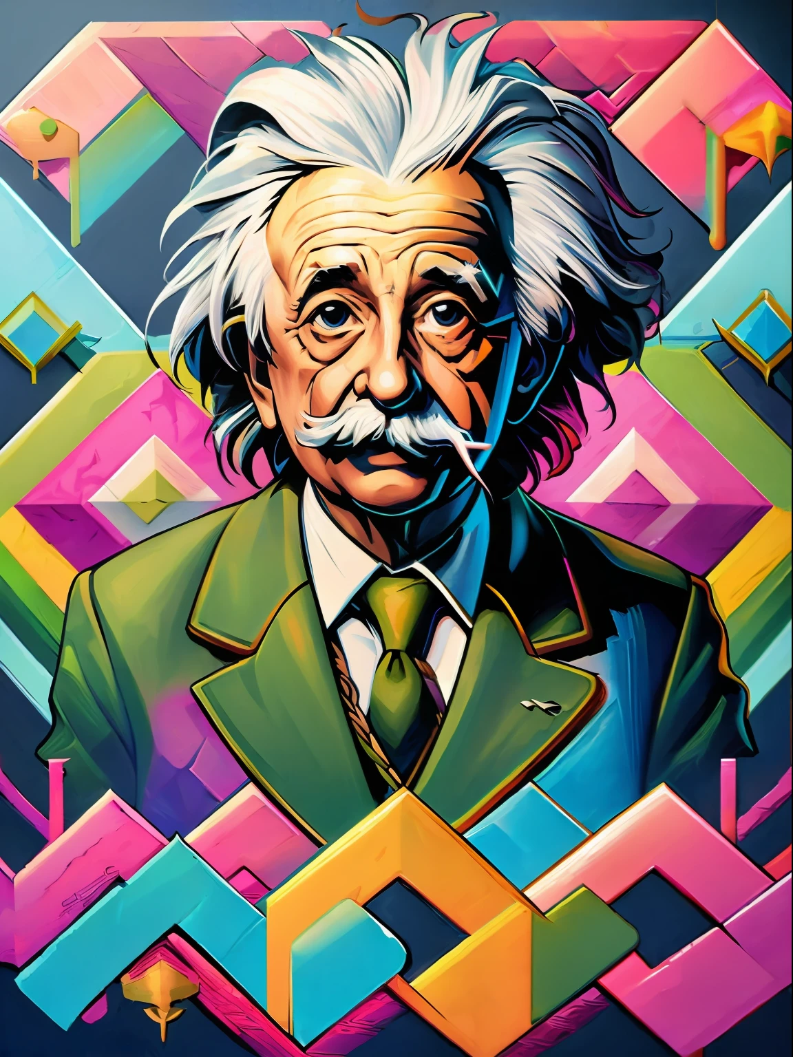 (Best quality),(masterpiece),(ultra detailed),(high detailed),(extremely detailed),centered, isometric, mural, graffiti, composition, shapes, patterns, vector art ready to print highly detailed graffiti illustration of Einstein