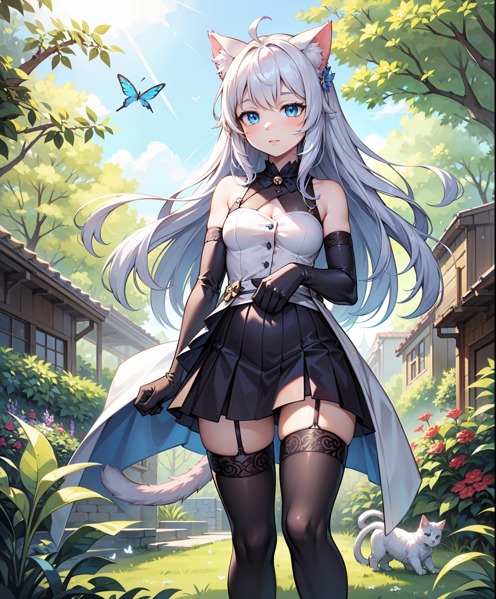 original, (masterpiece), (illustration), (extremely fine and beautiful), perfect detailed, photorealistic, (beautiful and clear background:1.25), (depth of field:0.7), (1 cute girl with (cat ear and cat tail:1.2) stands in the garden:1.1), (cute:1.35), (detailed beautiful eyes:1.3), (beautiful face:1.3), casual, silver hair, silver ear, (blue hair:0.8), (blue ear:0.8), long hair, coat, short skirt, hair blowing with the wind, (blue eye:1.2), flowers, ( girl:0.65), butterflys flying around  illyabeast cosplay, cat ears, animal hands, paw gloves, elbow gloves, hair bell, black thighhighs, ribbon, paw shoes, (yuri),