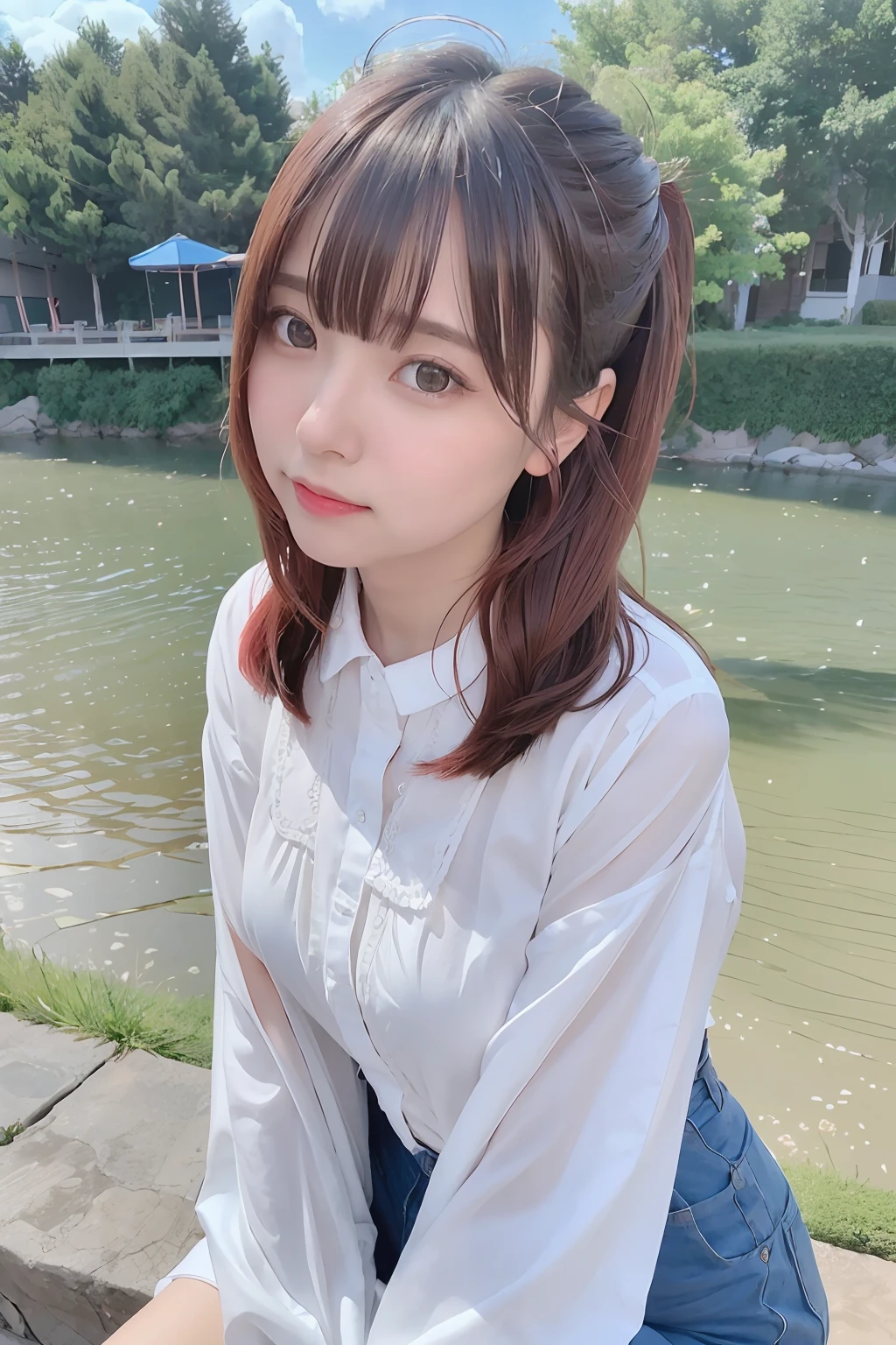 top-quality、超A high resolution、(photoRealstic:1.4)、red blush、cute little、(详细的脸)、Light smile、Looking at the camera、The upper part of the body、Komono、Sunnyday、Mare、blue-sky、chee、full body Esbian、short-hair