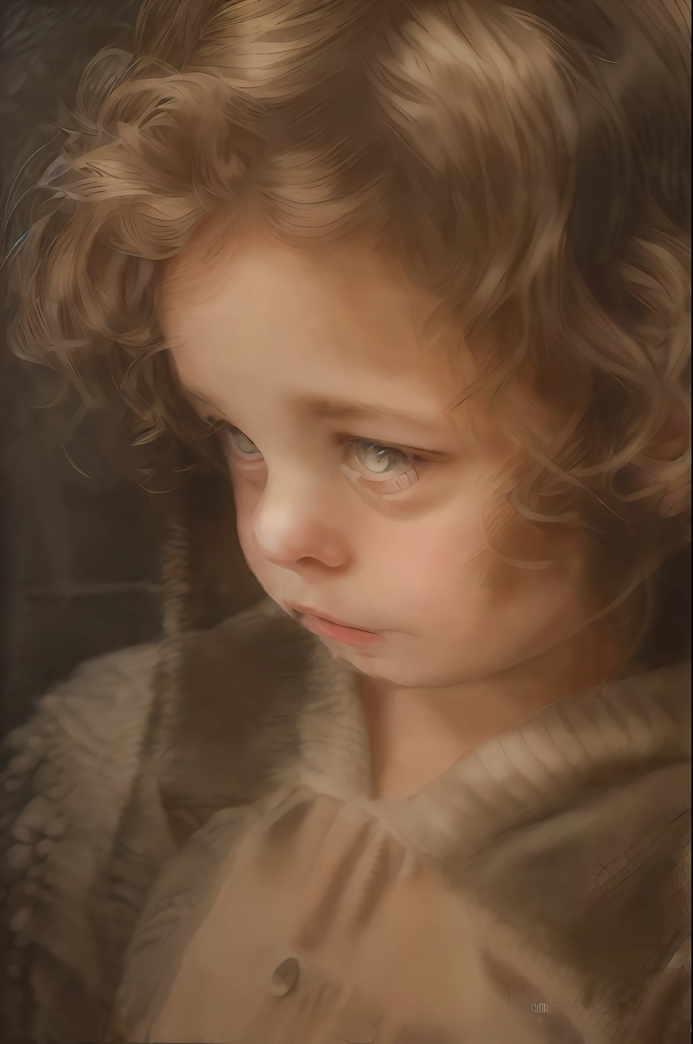 Arafed photo of a  with curly hair looking at something, soft portrait, GRAPHITE DRAWING, adorable analog painting, graphite pencil painting, realistic studio portrait, photorealistic analog painting, monochromatic graphite painting, close up portrait, realistic painting, gorgeous painting, soft painting, high detail portrait photo, oil painting