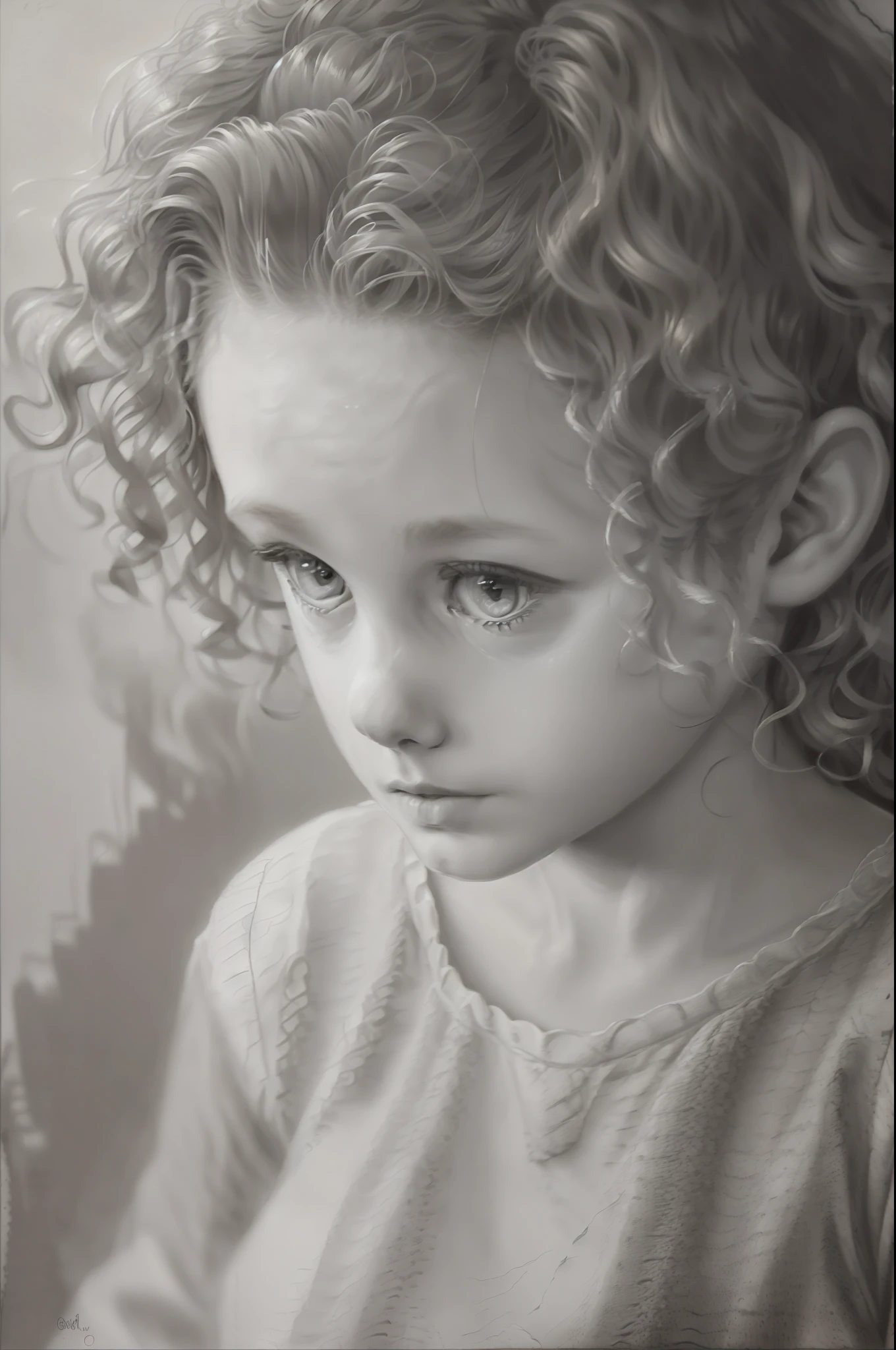 Arafed photo of a *********** with curly hair looking at something, soft portrait, GRAPHITE DRAWING, adorable analog painting, graphite pencil painting, realistic studio portrait, photorealistic analog painting, monochromatic graphite painting, close up portrait, realistic painting, gorgeous painting, soft painting, high detail portrait photo, oil painting