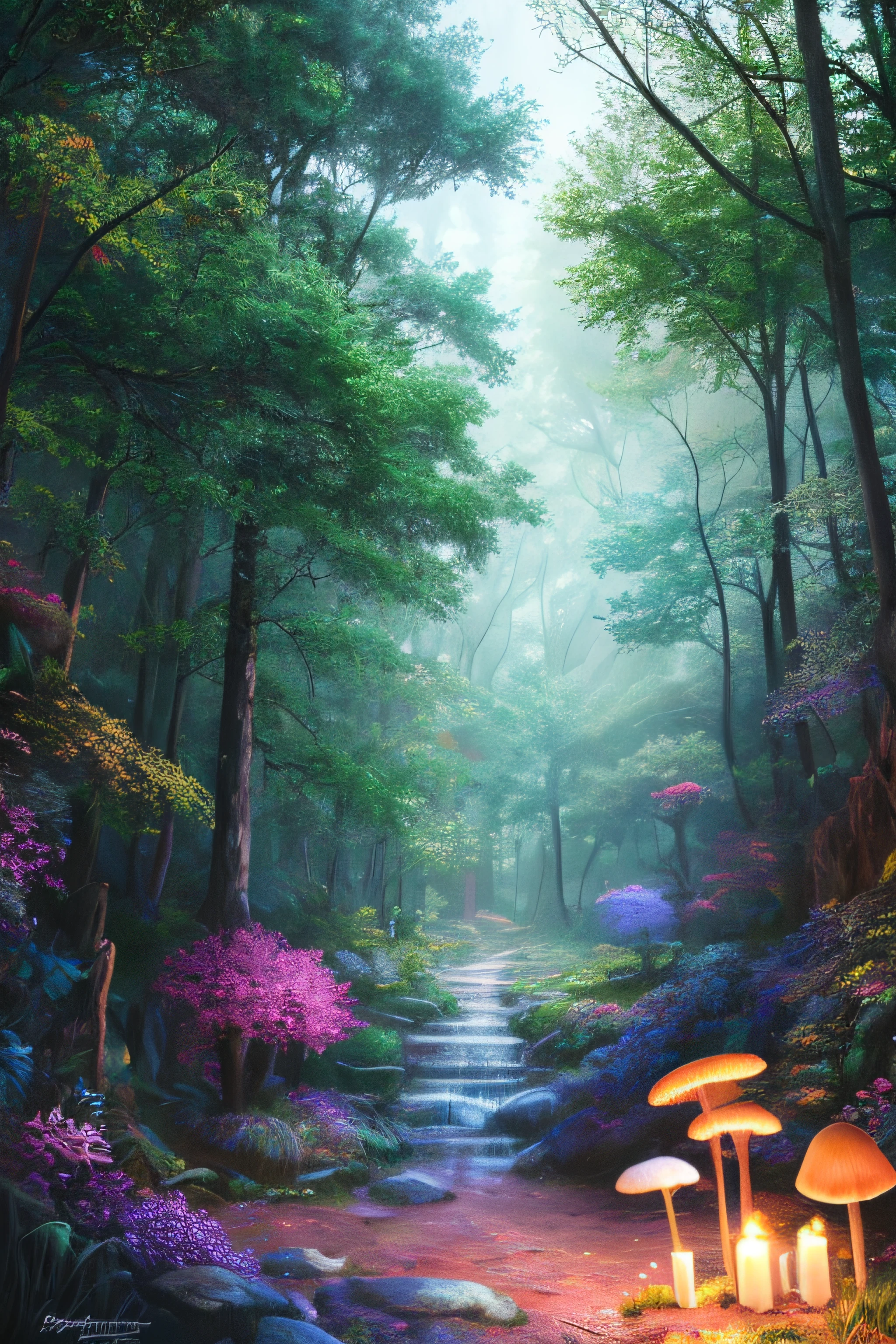 masterpiece, best quality, high quality,extremely detailed CG unity 8k wallpaper, An enchanting and dreamy scene of a fantasy forest, with towering trees, glowing mushrooms, and hidden fairy glens, creating a sense of mystique and enchantment, artstation, digital illustration, intricate, trending, pastel colors, oil paiting, award winning photography, Bokeh, Depth of Field, HDR, bloom, Chromatic Aberration ,Photorealistic,extremely detailed, trending on artstation, trending on CGsociety, Intricate, High Detail, dramatic, art by midjourney