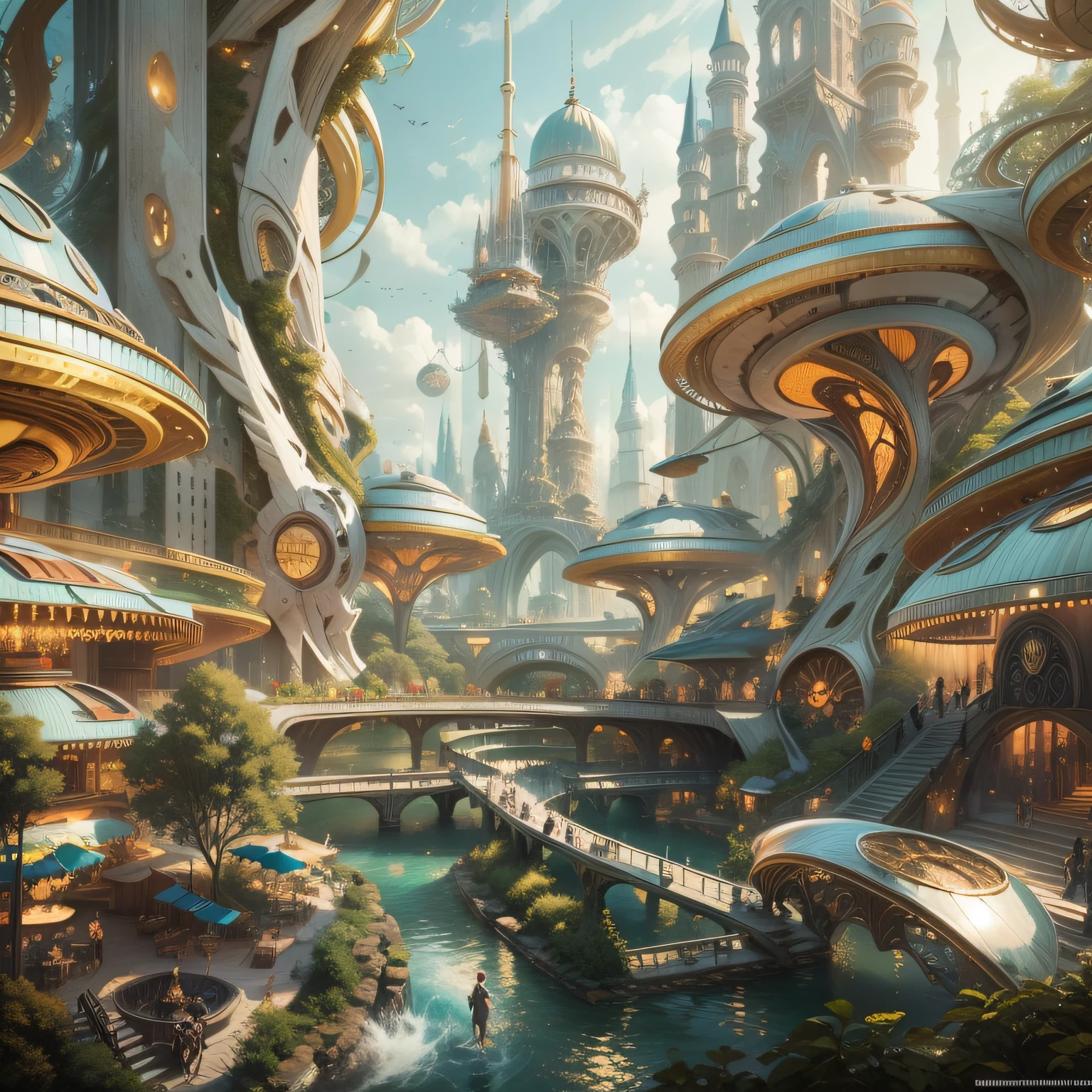 un paisaje urbano futurista conocido como Tomorrowland, with impressive dreamy design buildings where silver abounds , el oro y el bronce, y una cyborg paseando por sus calles.