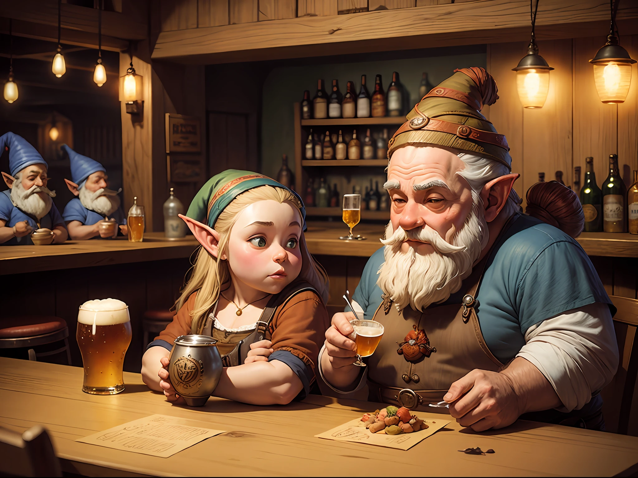 "Gnomes sitting in a bar drinking beer and eating by Brian Froud"