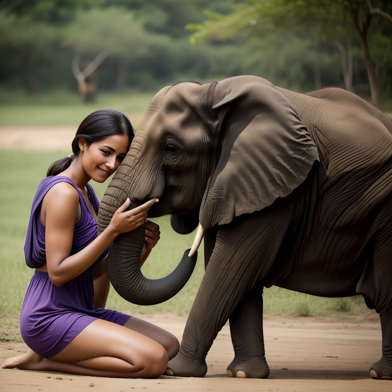 a stunning woman playing with a elephant