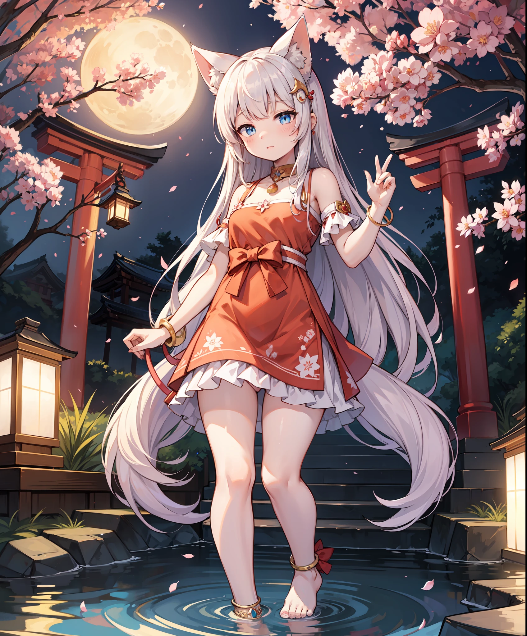 masterpiece,best quality,  torii, cherry blossoms, lantern light, depth of field, east asian architecture, moon,  sparkle, (soaking_feet:1.1),  dappled_sunlight, ripples,1girl,solo ,  cat ears,  animal_ear_fluff , anklet, bangs, bare_shoulders,   blue_eyes, dress, feet, hair_ornament, hairclip, jewelry, long_hair, looking_at_viewer,t-shirt, standing