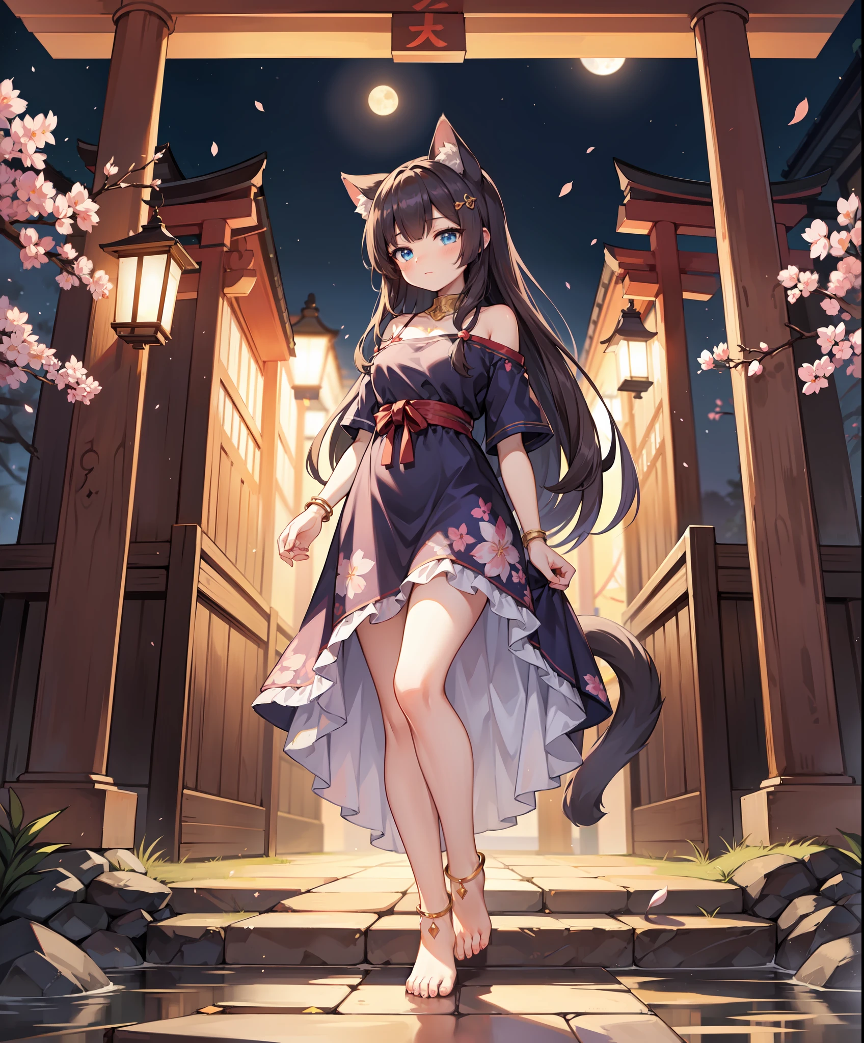 masterpiece,best quality,  torii, cherry blossoms, lantern light, depth of field, east asian architecture, moon,  sparkle, (soaking_feet:1.1),  dappled_sunlight, ripples,1girl,solo ,  cat ears,  animal_ear_fluff , anklet, bangs, bare_shoulders,   blue_eyes, dress, feet, hair_ornament, hairclip, jewelry, long_hair, looking_at_viewer,t-shirt, standing