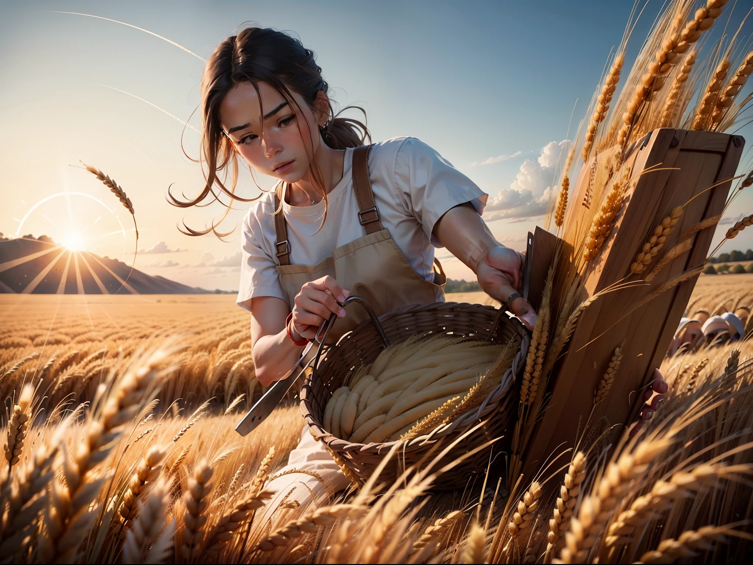 A visual representation of workers trying to separate wheat from tares during the harvest.