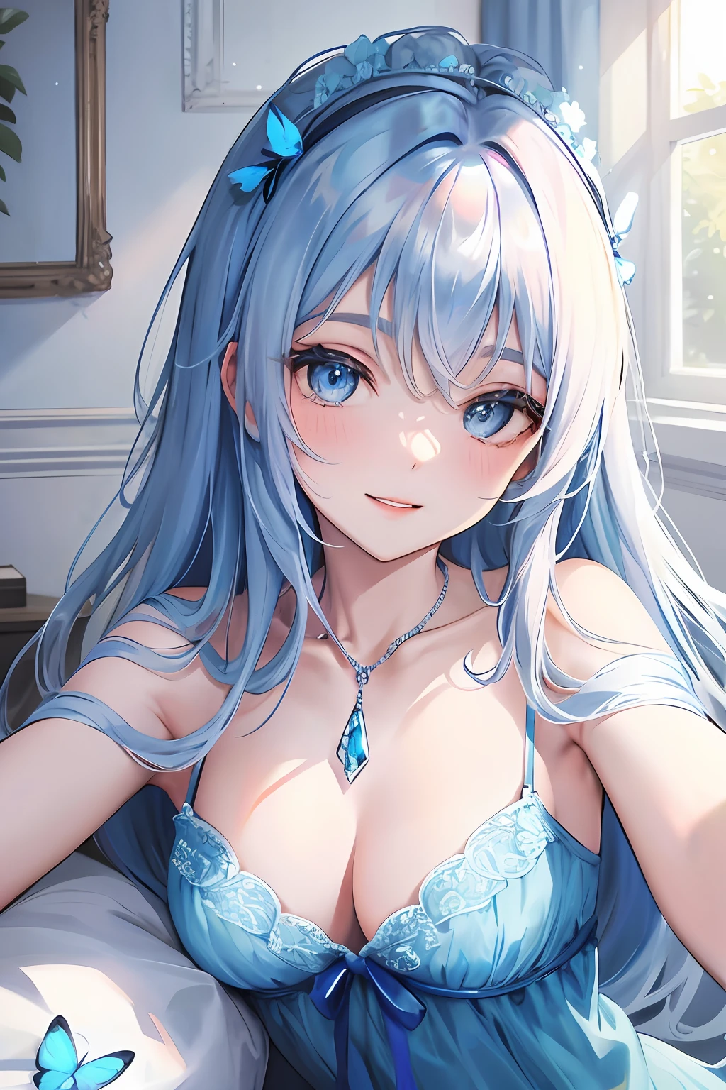 Glowing blue butterfly,Blue sexy nightdress,1girll,blue color eyes,long white hair,Indoor room,Lie down in bed, Blush, Smile, cheerfulness, Masterpiece, Best quality, There is a gemstone necklace around the neck,A high resolution,Detail enhancement,best qualtiy,Perfect image quality,Elegant and lightweight blue silk dress,Beautiful and gentle