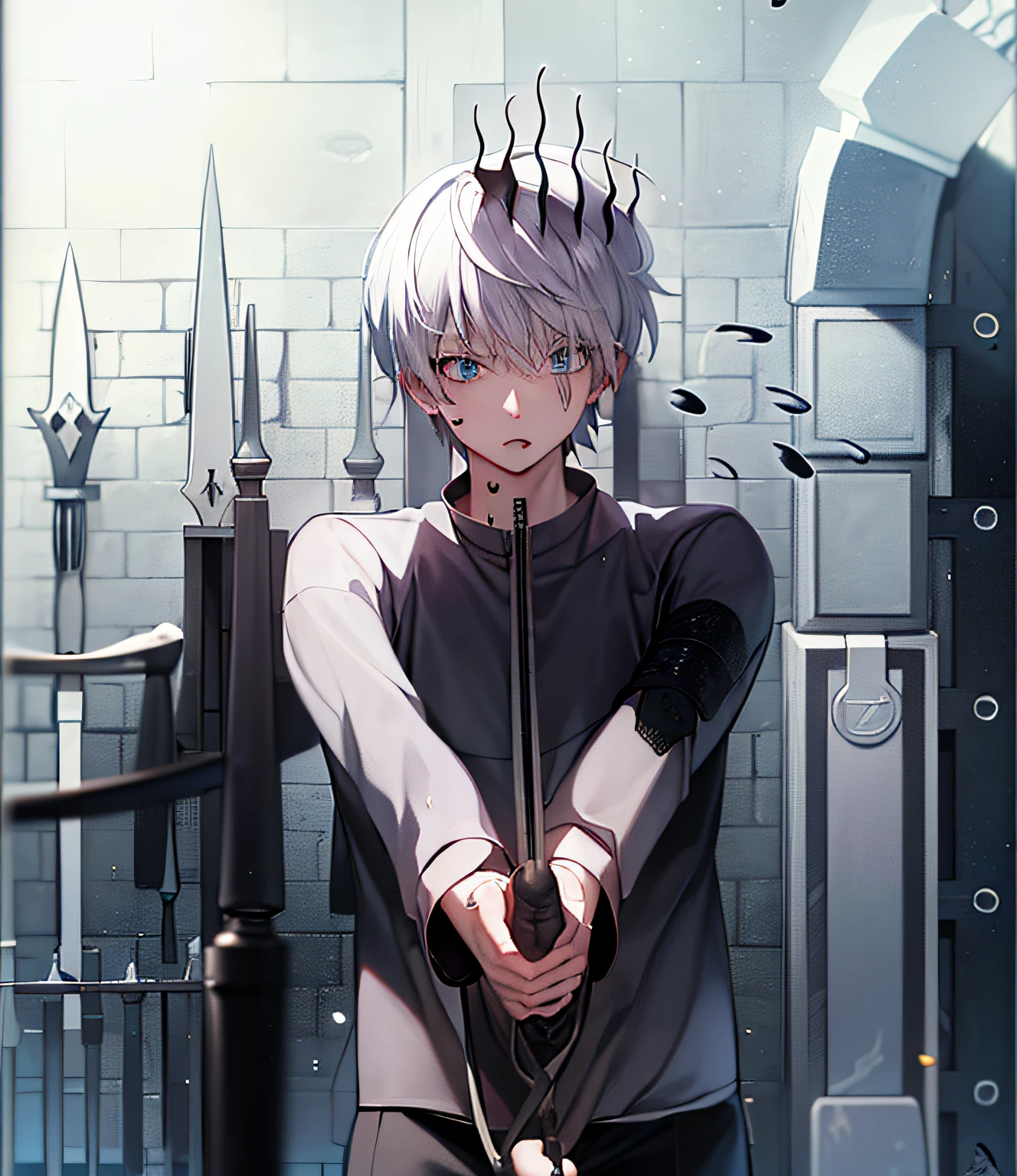Imagem de anime de um homem segurando uma espada na frente de uma parede, cabelos brancos, Yoko Taro, Killua Zoldyck, um louco de cabelos prateados, Killua Zoldyck cabelo preto, kaneki ken, Ken Kaneki, Killua Zoldyck Retrato, cabelos brancos, esgrimista de anime, Kaworu Nagisa, cabelos brancos arte estilo anime, cor da pele no rosto branco, Lines of fear representation, fiel a imagem enviada