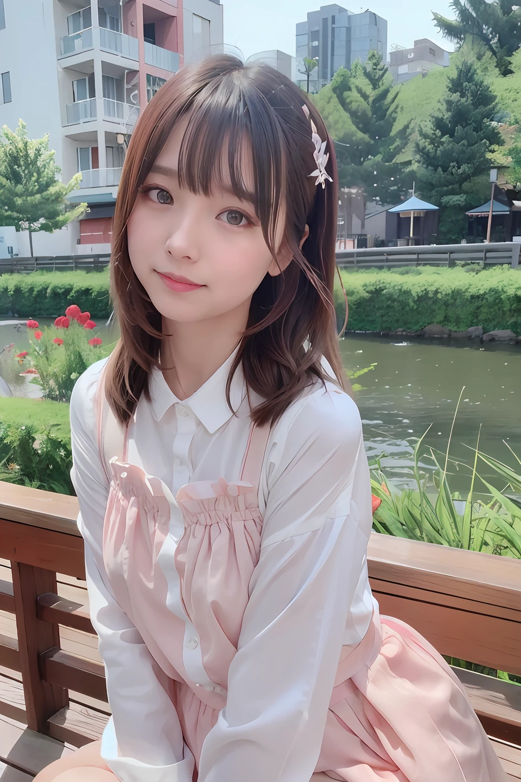 top-quality、超A high resolution、(photoRealstic:1.4)、red blush、cute little、(详细的脸)、Light smile、Looking at the camera、The upper part of the body、Komono、Sunnyday、a river、blue-sky、Will