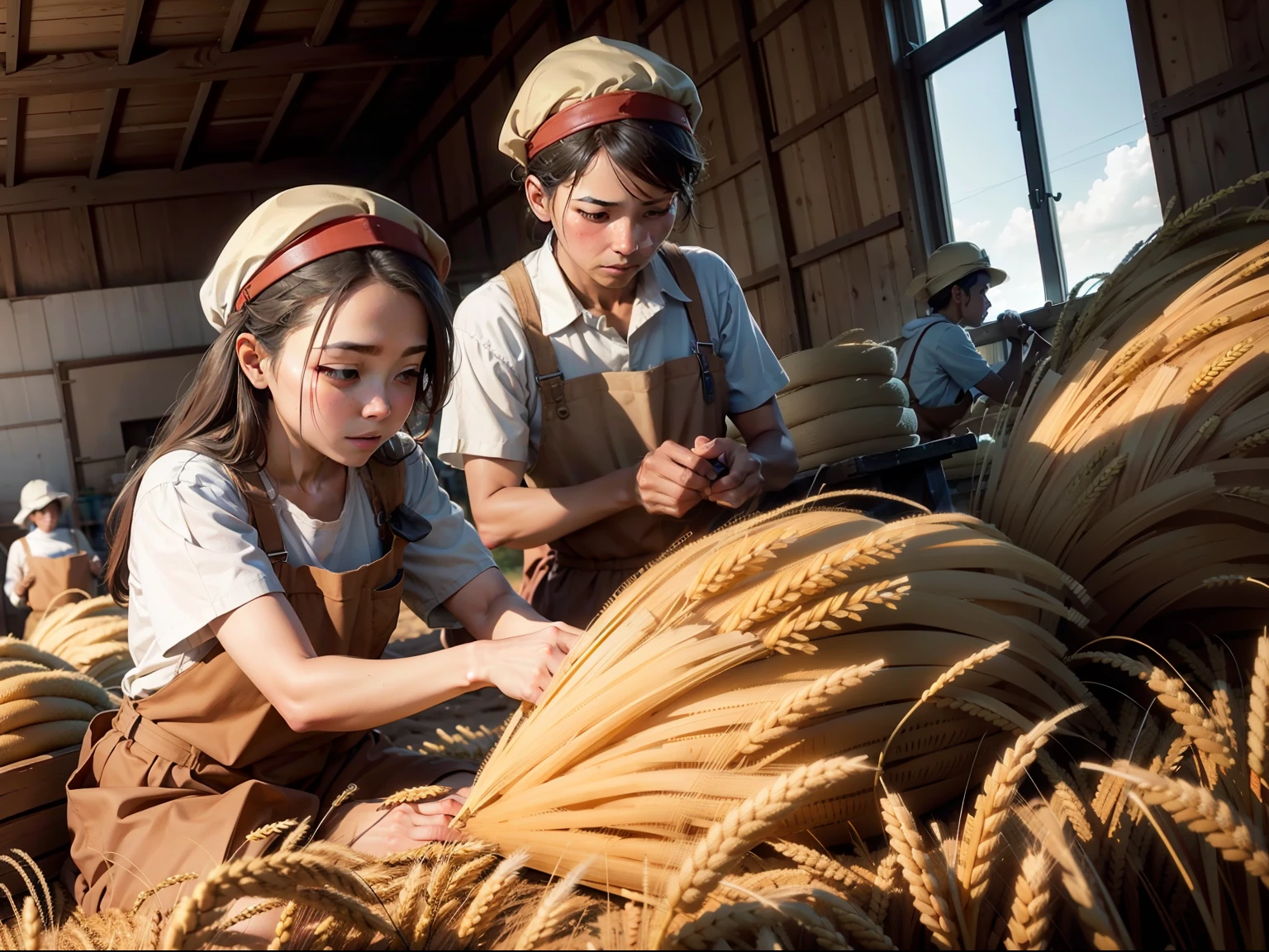 Workers bundling wheat, with tares left untouched, illustrating the wisdom of patience.