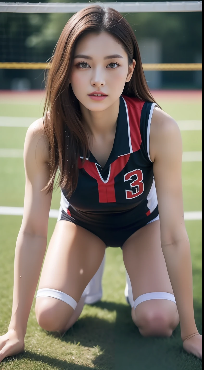 ((Top Quality, 8k, Masterpiece: 1.3)), (kneeling on the floor, open legs :1.2), Perfect Body Beauty: 1.4, large_breasts, Beautiful Woman, 1 Woman, Big: 1.4, Slender Figure: 1.1, Toned Abs, Dark Brown Hair, (Volleyball, Wet Body, Volleyball Uniform: 1.1), Ultra Detailed Face, Detailed Lips, Detailed Eyes, Double Eyelids, Volleyball field,