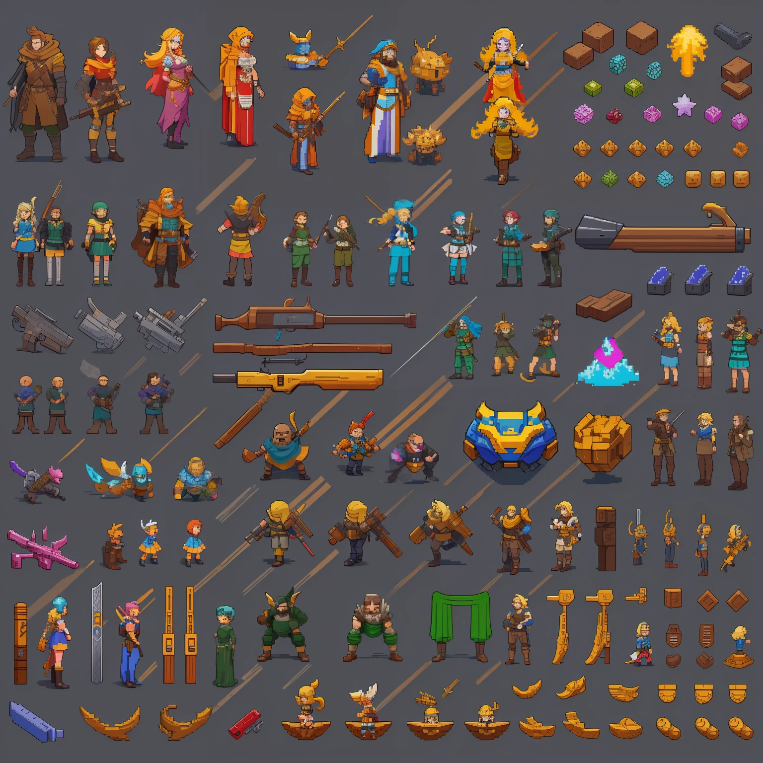 Uma folha de sprite de armas para um jogo 2d de cima para baixo. Cartoon, super detalhado, colorido, super funny, pixel art.