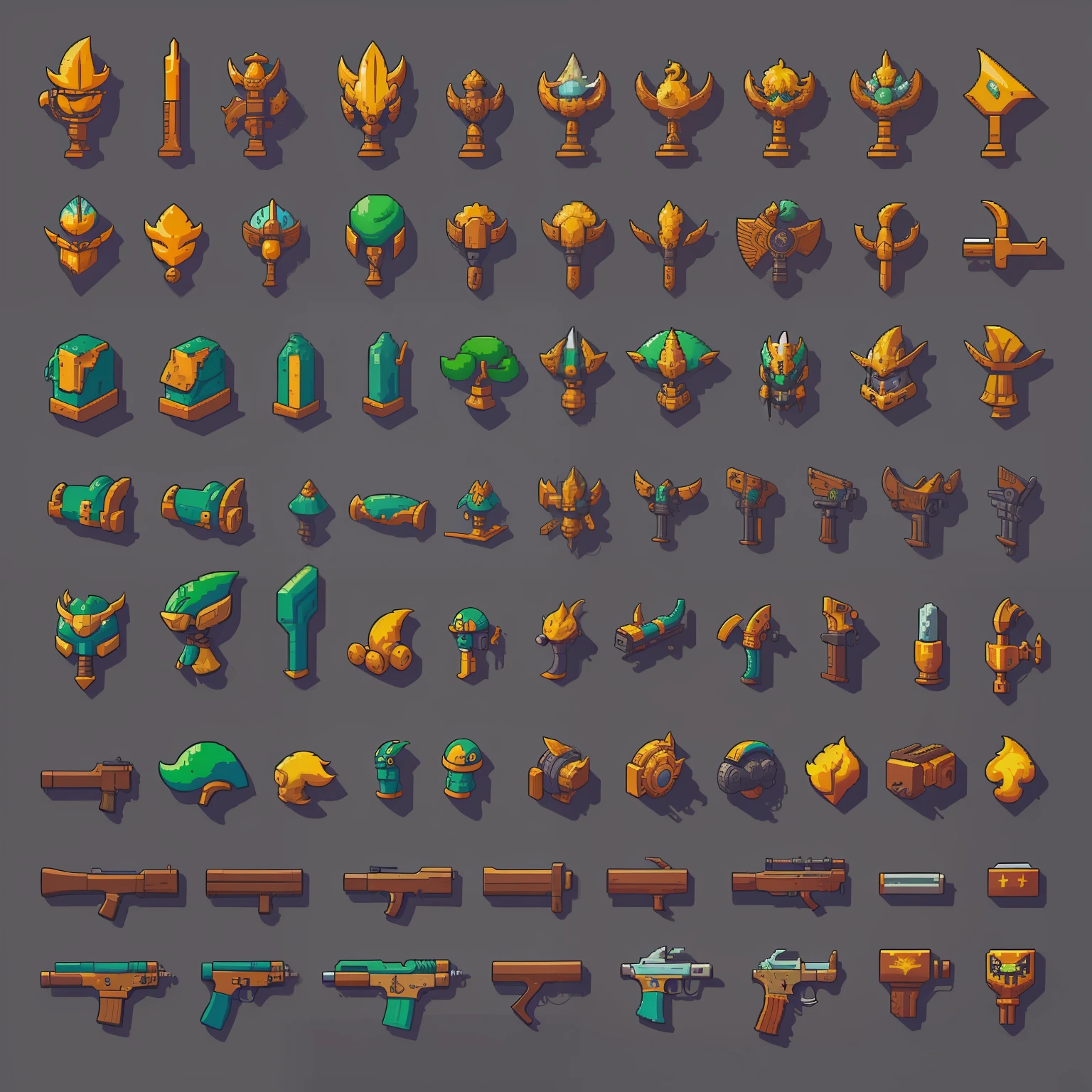 Uma folha de sprite de armas para um jogo 2d de cima para baixo. Cartoon, super detalhado, colorido, super funny, pixel art.