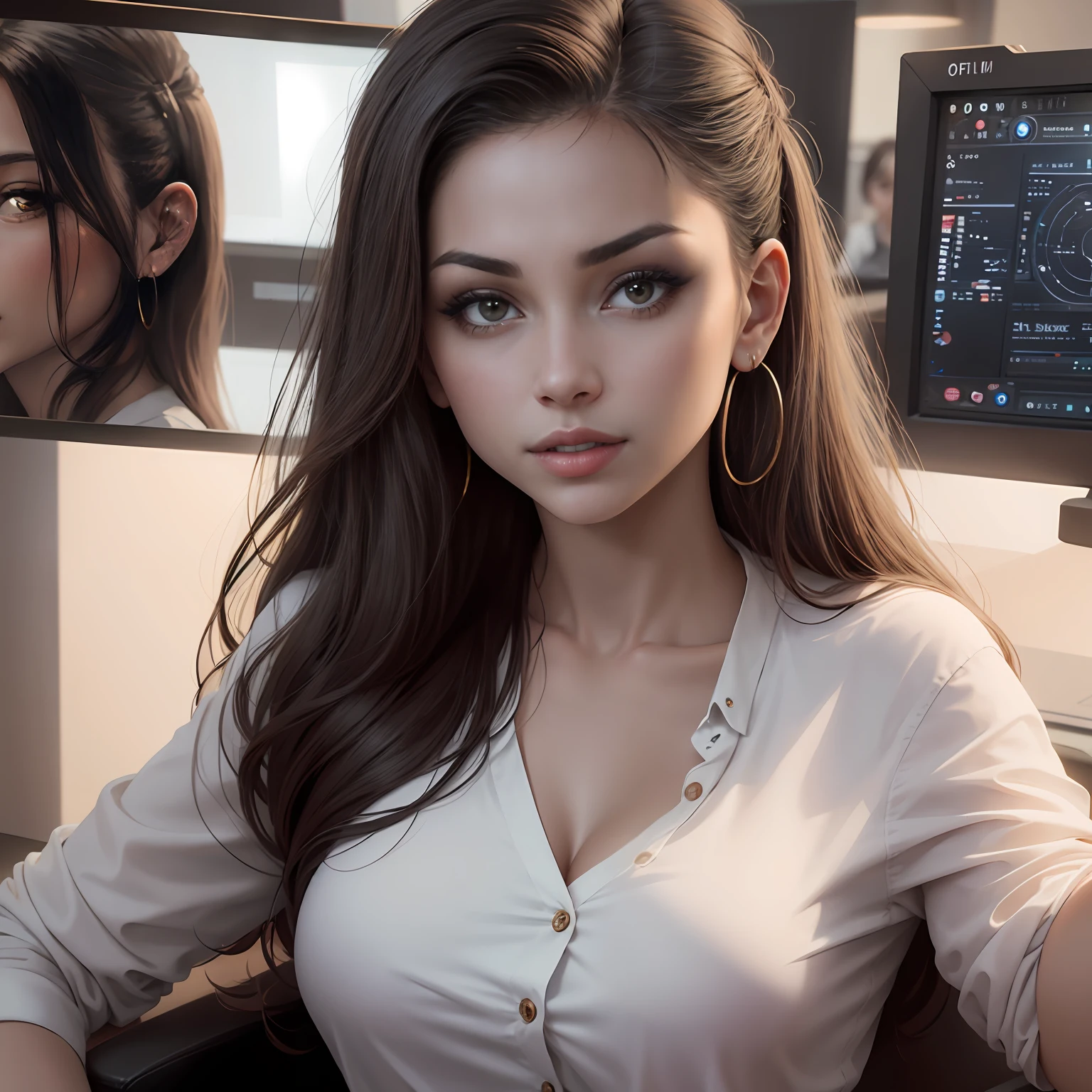 Portrait of a woman,  close - up portrait shot, closeup shot of face, full face portrait: Resembling Gina Valentina, wearing modern casual office attire, in a professional TV studio setting.