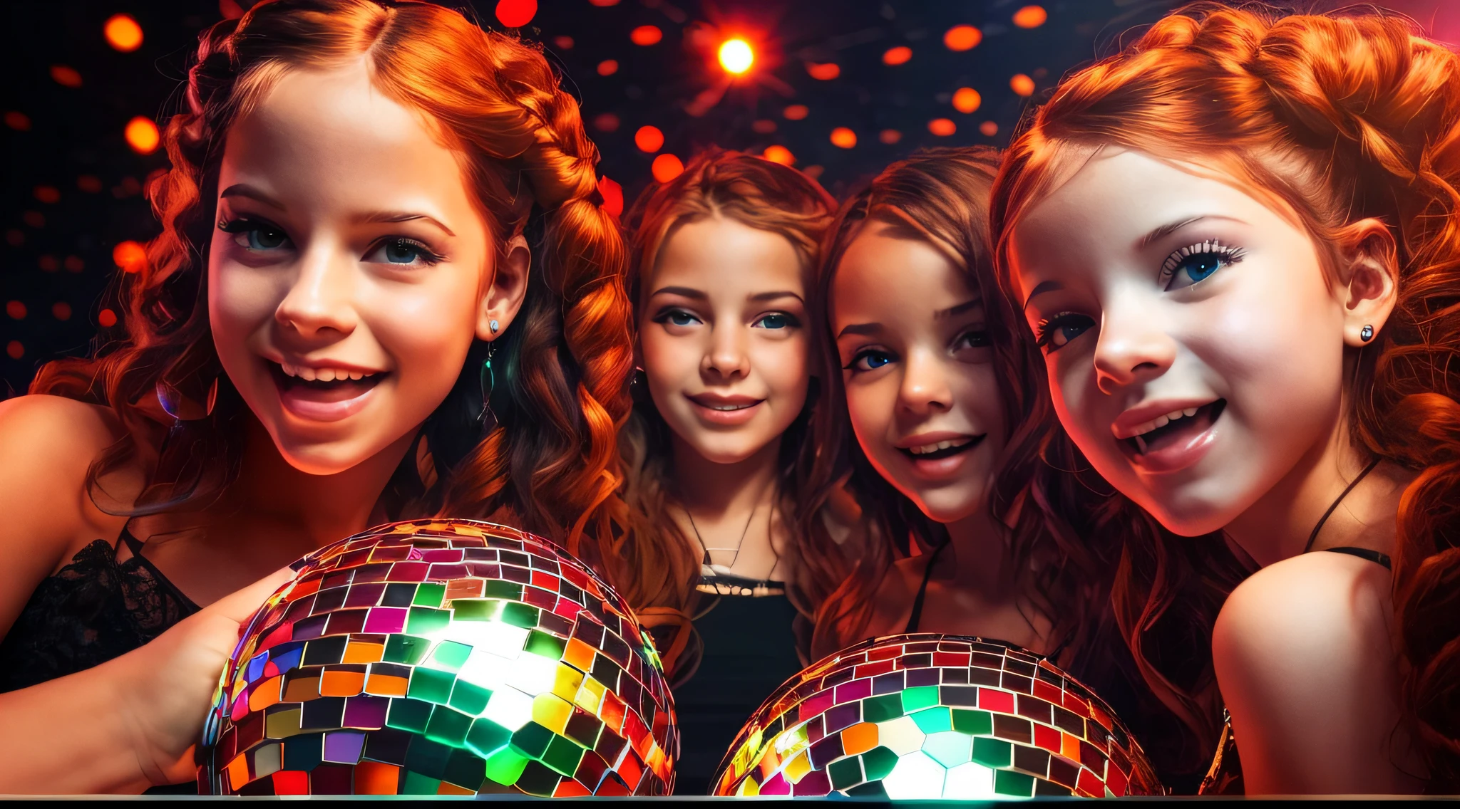 meNINAS KIDS REDHEADS BRAIDS, um close up de uma bola de Discoteca com uma luz de Discoteca ao fundo, Disco, festa da Discoteca, Celebrando, Denis Velleneuve, Mais detalhes, clima de festa, Discoteca do Oculto, DJ, celebration, disco lighting, Disco de pictoplasma, 1 9 th, Disco Broadcast, Desclassificados, decadence, bola de Discoteca, Collectible, Bolas de Discoteca