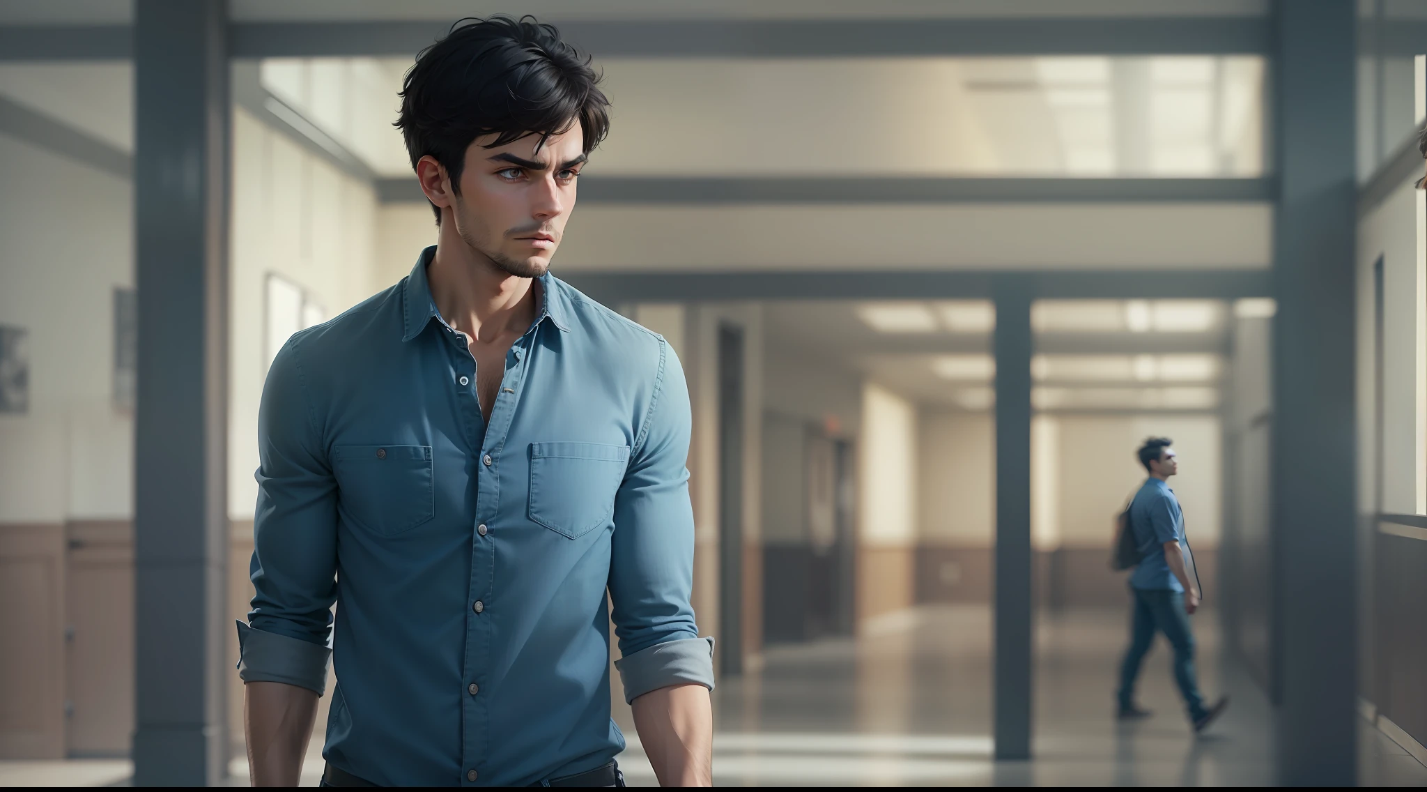 Ultra realistic image of a 25 year old man, short black hair, 8k, dressed in a blue shirt and jeans, sinister expression, looking to the side, walking in the first floor hall of an administrative building