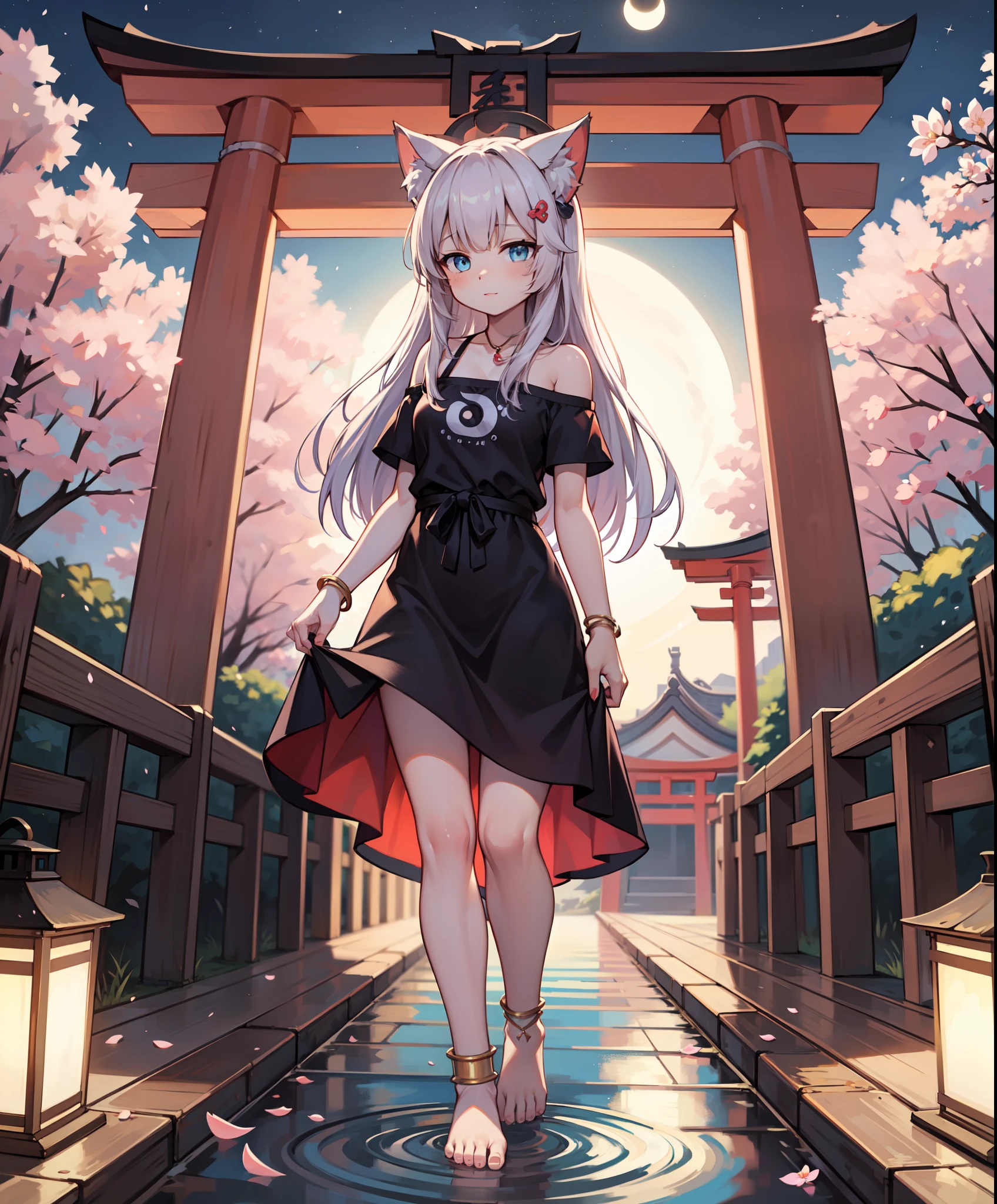 masterpiece,best quality,  torii, cherry blossoms, lantern light, depth of field, east asian architecture, moon,  sparkle, (soaking_feet:1.1),  dappled_sunlight, ripples,1girl,solo ,  cat ears,  animal_ear_fluff , anklet, bangs, bare_shoulders,   blue_eyes, dress, feet, hair_ornament, hairclip, jewelry, long_hair, looking_at_viewer,t-shirt, standing