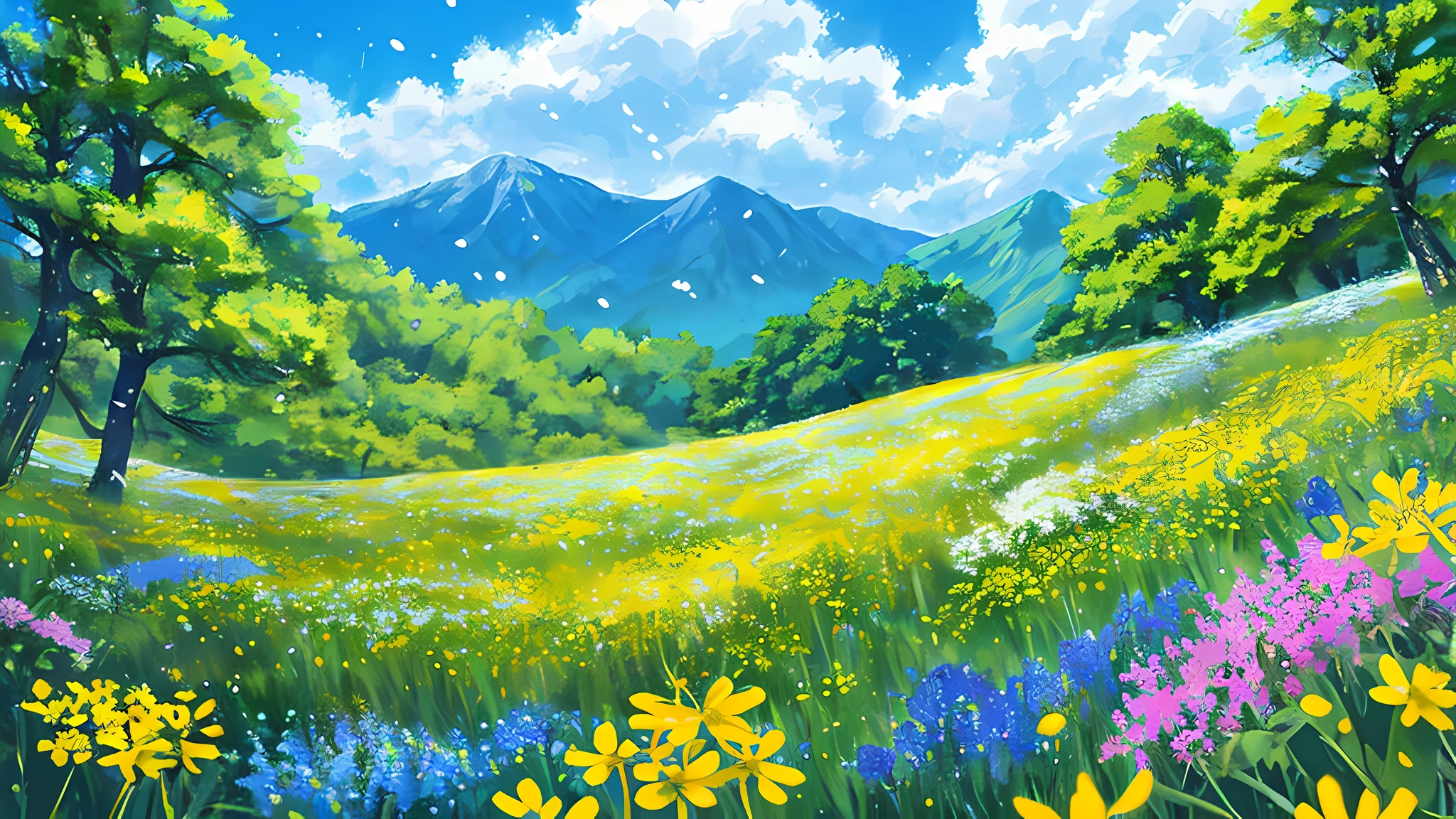 Anime-sense scenery,Tano,Small yellowish wildflowers,blue-sky,White cloud meadow