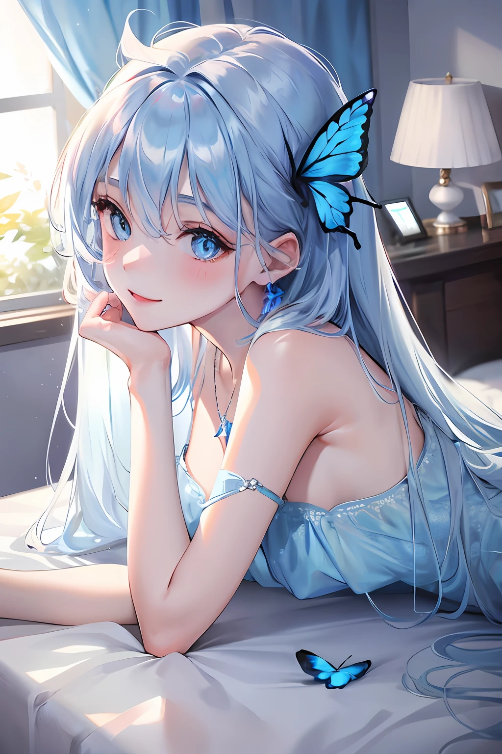 Glowing blue butterfly,Blue sexy nightdress,1girll,blue color eyes,long white hair,indoor room,Lie down in bed,full bodyesbian,top to bottom,Top angle of view, Blush, Smile, cheerfulness, Masterpiece, Best quality, There is a gemstone necklace around the neck,A high resolution,Detail enhancement,best qualtiy,Perfect image quality,Elegant and lightweight blue silk dress,Beautiful and gentle