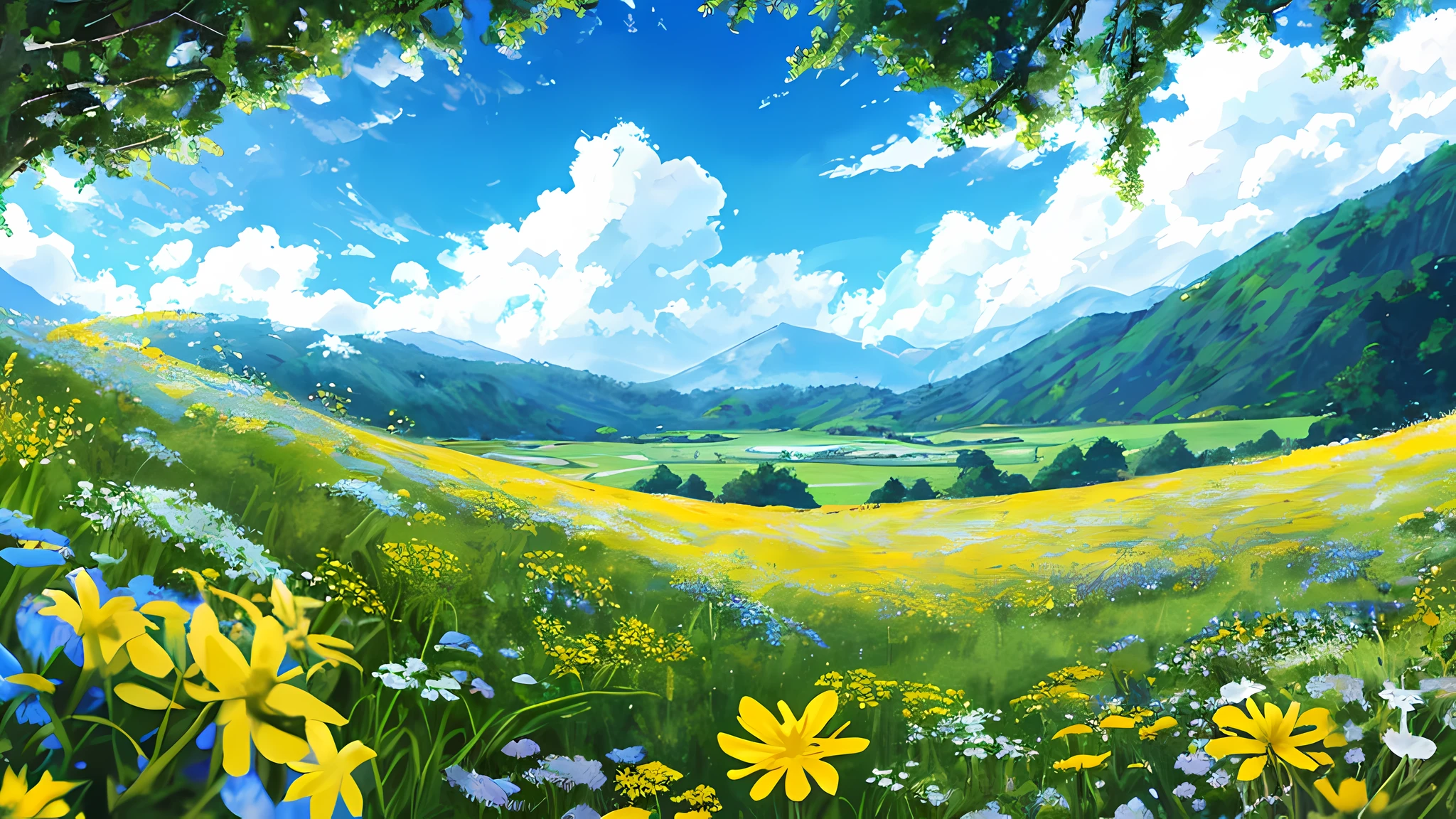 Anime-sense scenery，Tano，Small yellowish wildflowers，blue-sky，White cloud meadow