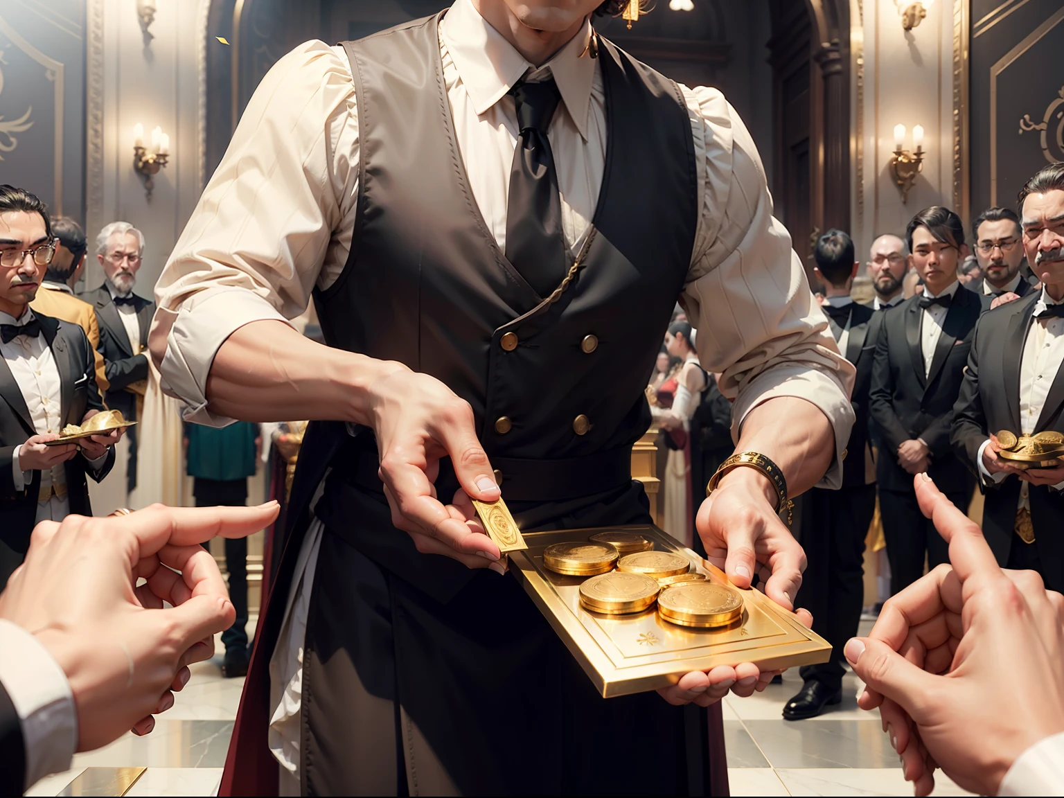 A master distributing bags of gold to his servants, symbolizing the talents.