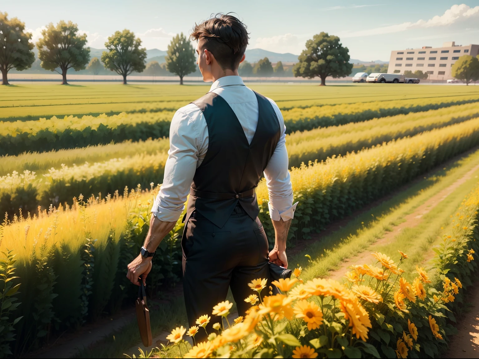 A servant investing and growing his talents, with a field or business in the background.
