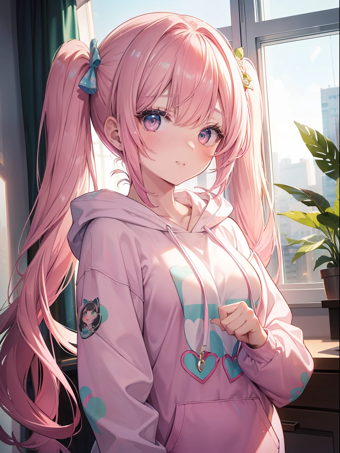(Masterpiece, Best quality, ultra high resolution, splendid),1girl,water green,pink hoodie with heart print, twintails, looking at viewer, (in a luxurious apartment, in front of a large window), beautiful and detailed face, detailed eyes