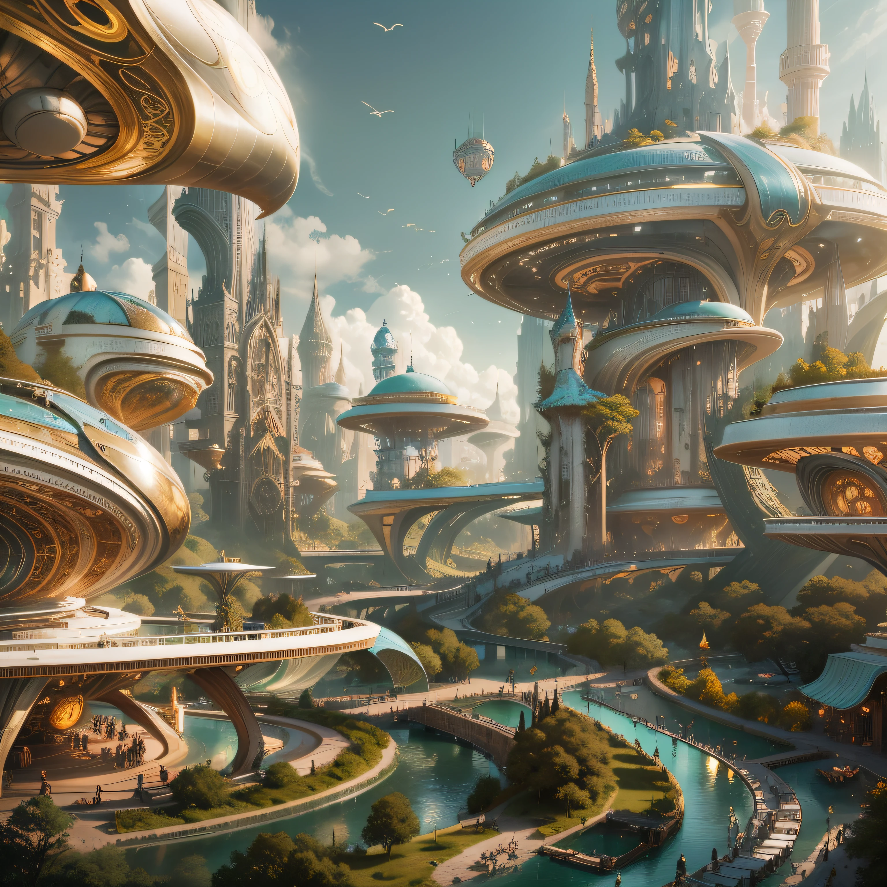 un paisaje urbano futurista conocido como Tomorrowland, with impressive dreamy design buildings where silver abounds , el oro y el bronce, y una cyborg paseando por sus calles.