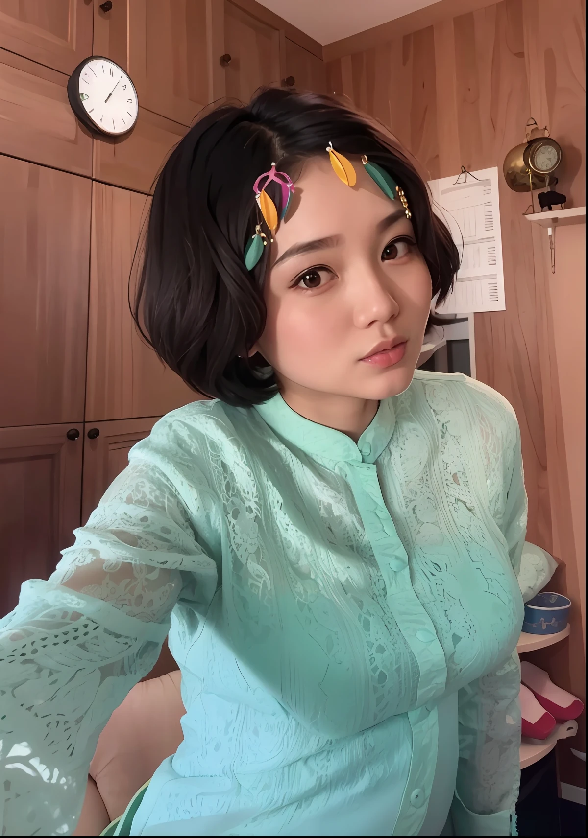 there is a pregnant woman with a green shirt and a clock in the background, dang my linh, nivanh chanthara, in style of lam manh, nuttavut baiphowongse, south east asian with round face, young cute wan asian face, potrait, ruan cute vtuber, with lovely look, with short hair, with big boobs