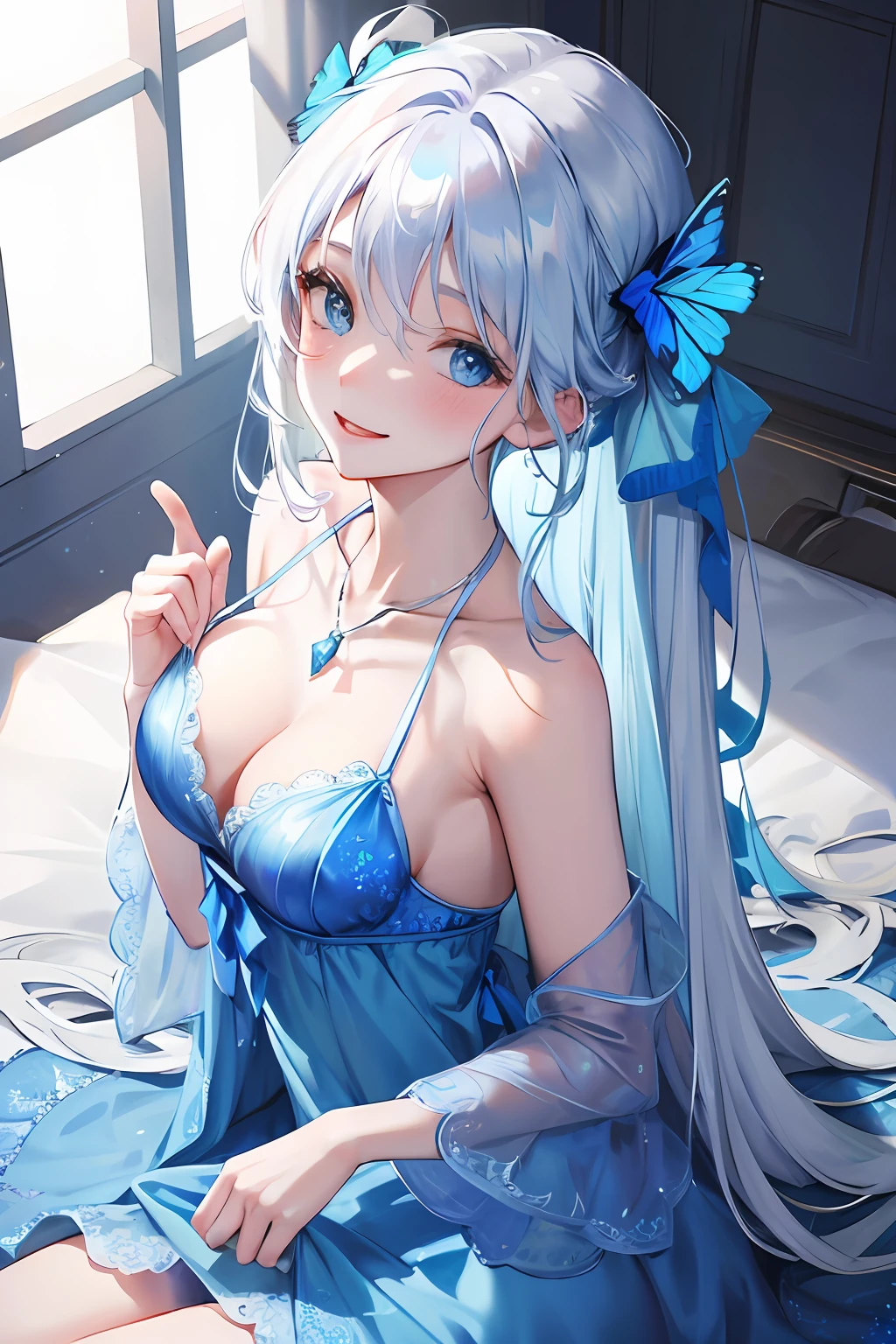 Glowing blue butterfly,Blue sexy nightdress,1girll,blue color eyes,long white hair,,Lie down in bed,full bodyesbian,top to bottom,Top angle of view, Blush, Smile, cheerfulness, Masterpiece, Best quality, There is a gemstone necklace around the neck,A high resolution,Detail enhancement,best qualtiy,Perfect image quality,Elegant and lightweight blue silk dress,Beautiful and gentle