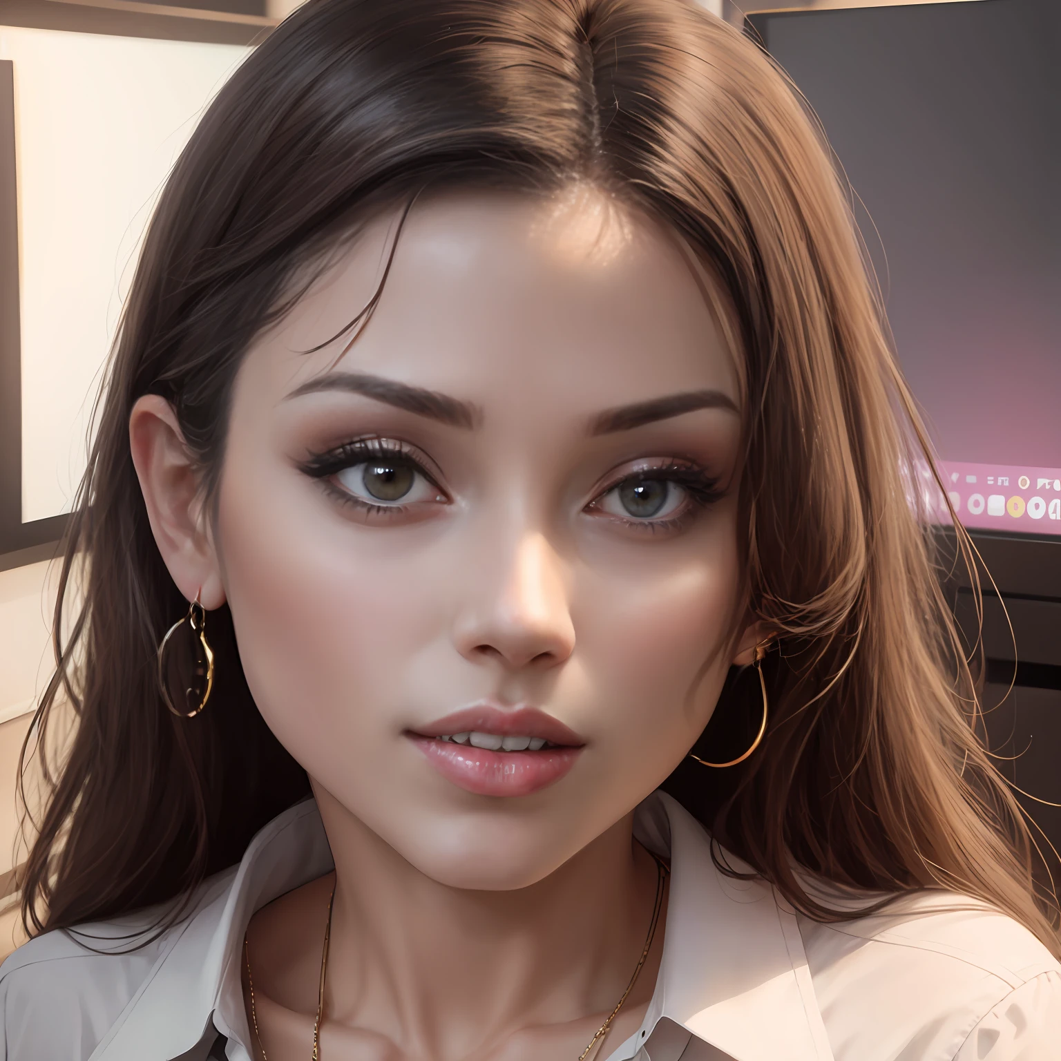 Portrait of a woman, close - up portrait shot, closeup shot of face, full face portrait: Resembling Gina Valentina, wearing modern casual office attire, in a professional TV studio setting.