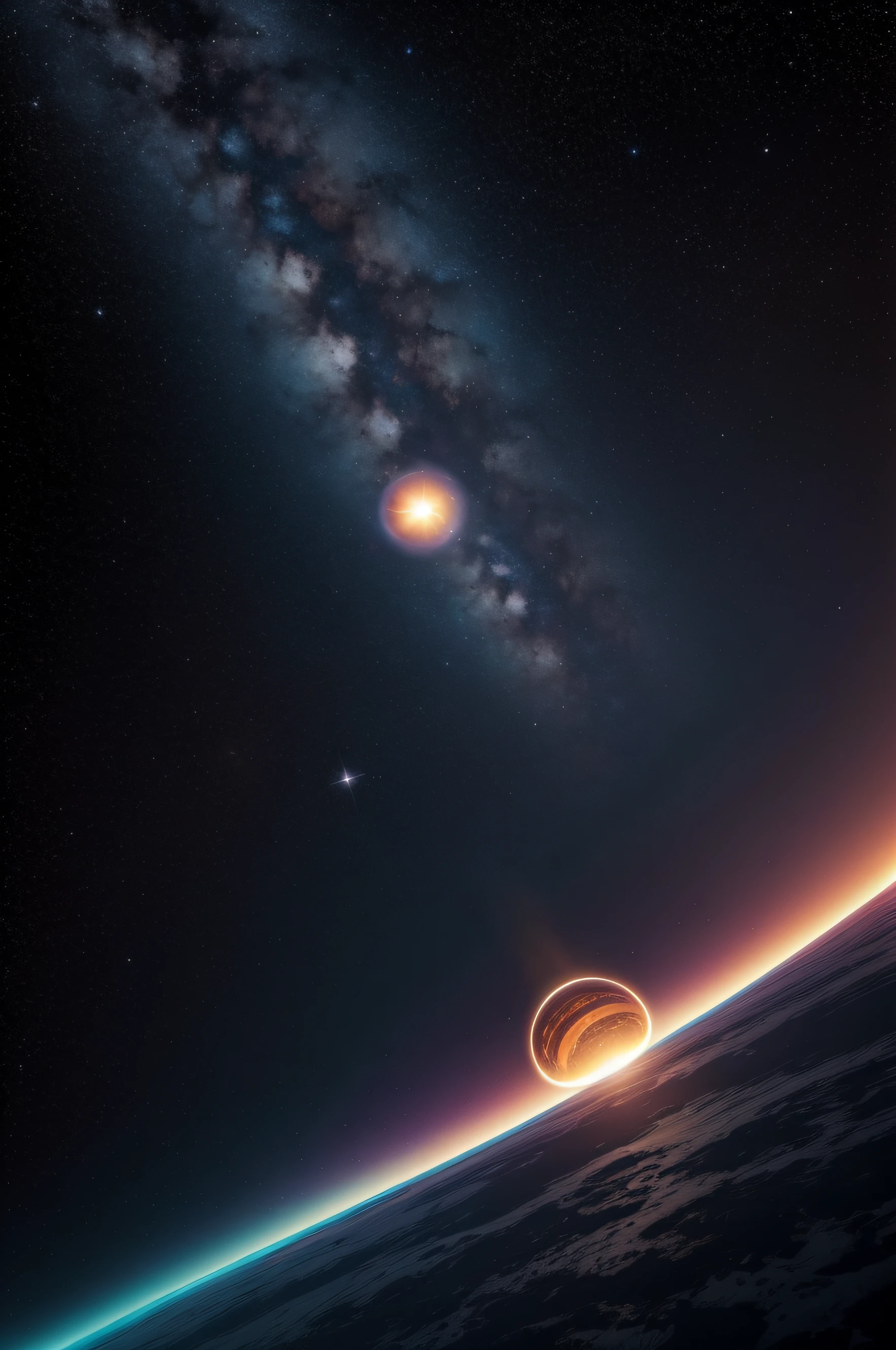 obra de arte digital vibrante que retrata um universo em constante movimento. No centro da imagem, There is a powerful black hole, surrounded by orbiting stars and planets. The colors are vivid and bright, criando um efeito hipnotizante. This work of art is perfect for those who love science and the beauty of the cosmos.