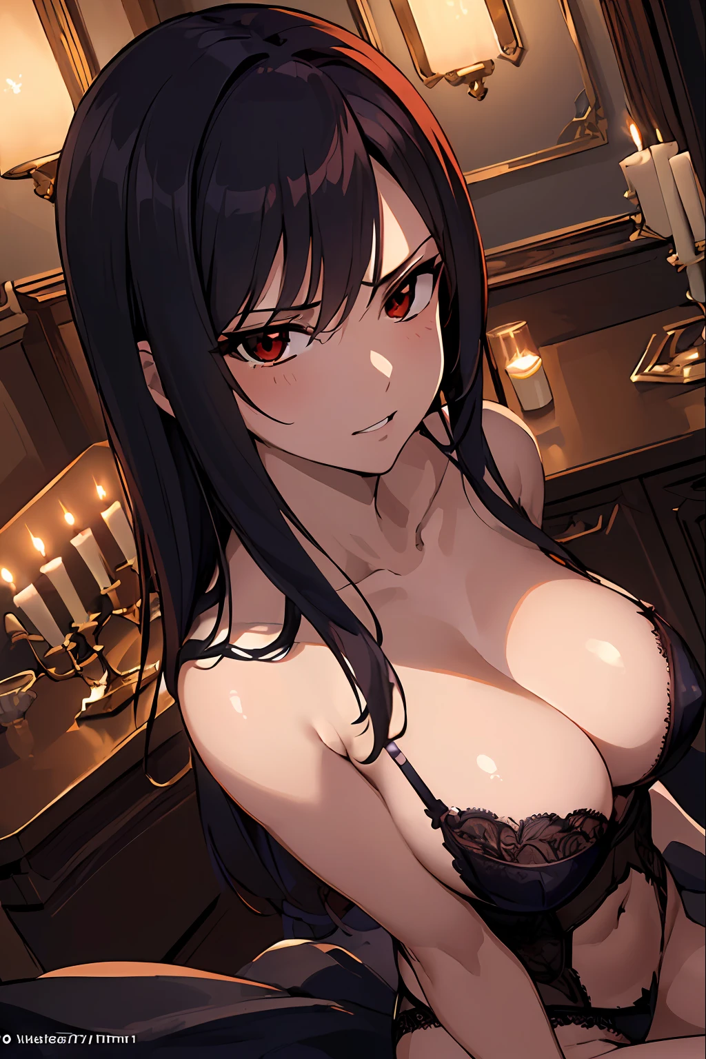 ((masterpiece,best quality, detailed)), ultra-detailed, detailed hair, hard rim lighting,((dramatic lighting)),sharp focus,
indoors, bedroom, dark, candles, moonbeams, from above, dutch angle,
Erza scarlet, sexy black lingerie, seducing face