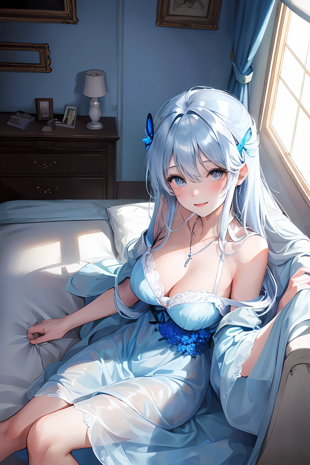 Glowing blue butterfly,Blue sexy nightdress,1girll,blue color eyes,long white hair,indoor room,Lying on the bed,full bodyesbian,Top angle of view, Blush, Smile, cheerfulness, Masterpiece, Best quality, There is a gemstone necklace around the neck,A high resolution,Detail enhancement,best qualtiy,Perfect image quality,Elegant and lightweight blue silk dress,Beautiful and gentle