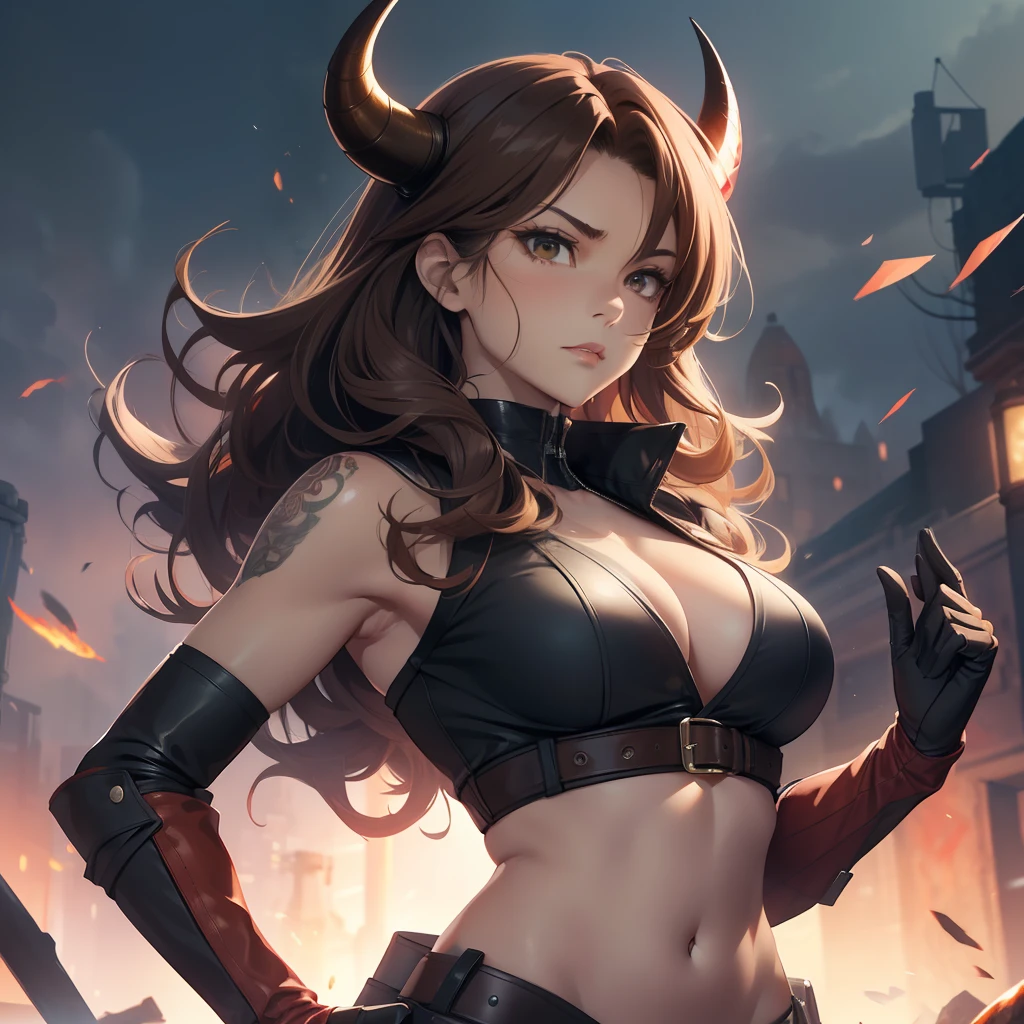 (highres, best quality, masterpiece) realistic drawing, adult female, (solo, women), mother like, standing, looking fierce, looking confident, serious expression, (detailed, highly detailed), ((with red skin)), soft lighting 4k, dramatic lighting 4k, long brown hair, curly hair, green eyes, (detailed eyes), demon red skin, fully body hunter outfit, ((gloves: black, boots: brown, pants: brown)), (athletic_build, fit body), devil horns, devil tail, red skin, tan stomach, smooth skin, on a battlefield, magic hands, casting magic