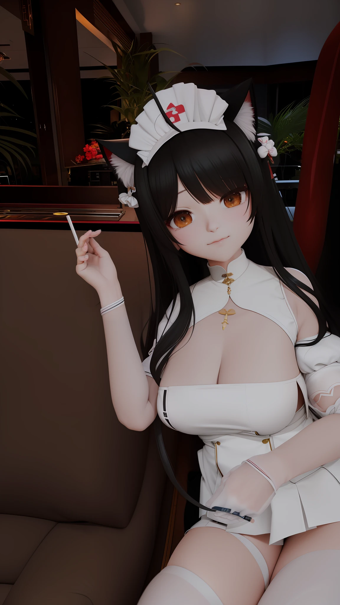 Anime - A stylish rendering of a woman in a white uniform smoking a cigarette, twintails white_mitts, anime cat girl in a maid costume, vrchat, anime styled 3d, with index finger, pixiv 3dcg, anime girl with cat ears, nekomimi, tohsaka-rin, anime catgirl, anime moe art style, azur lane style
